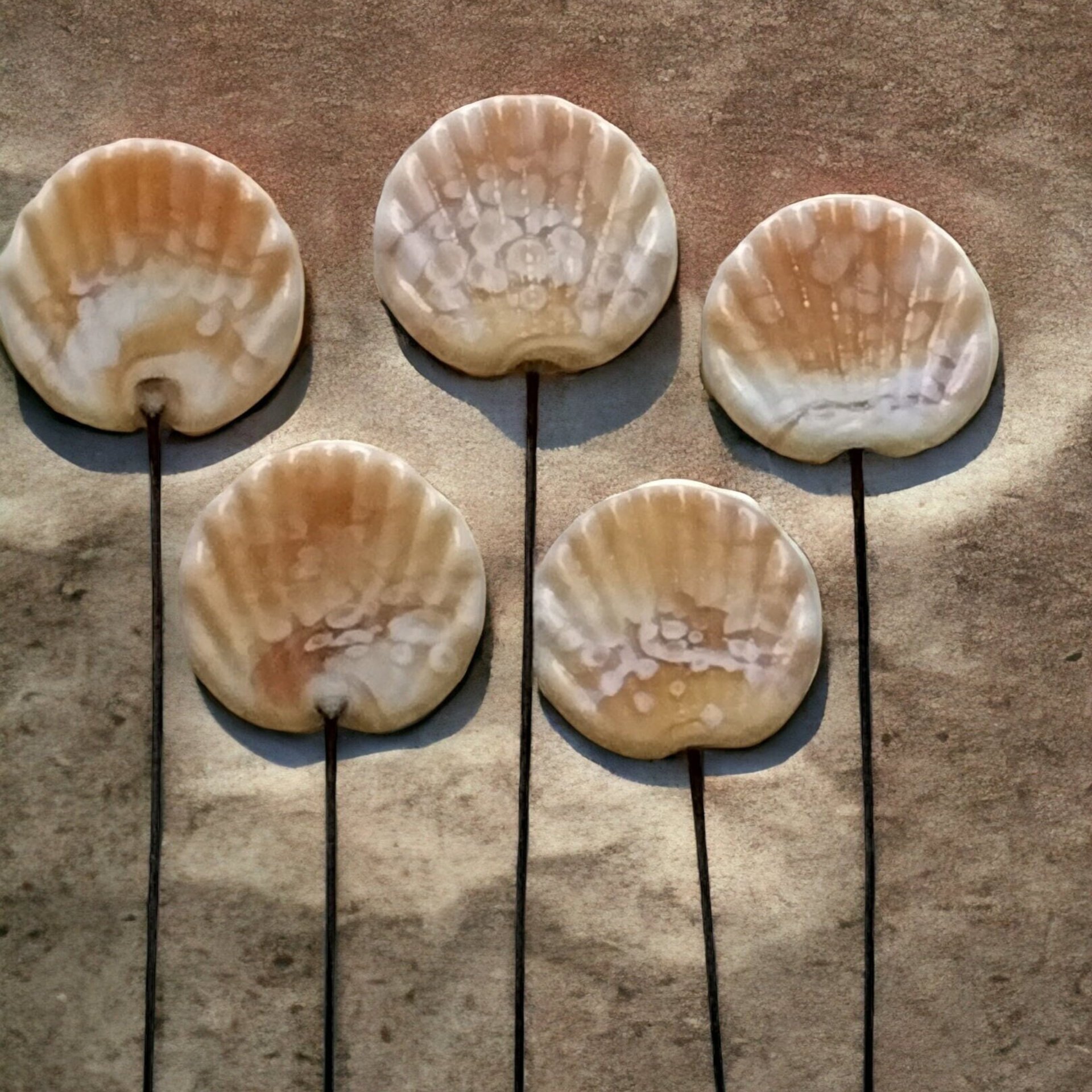 Shell Fan miniature flower glass headpins;  tiny small mini glass flowers on wire; individually crafted lampwork