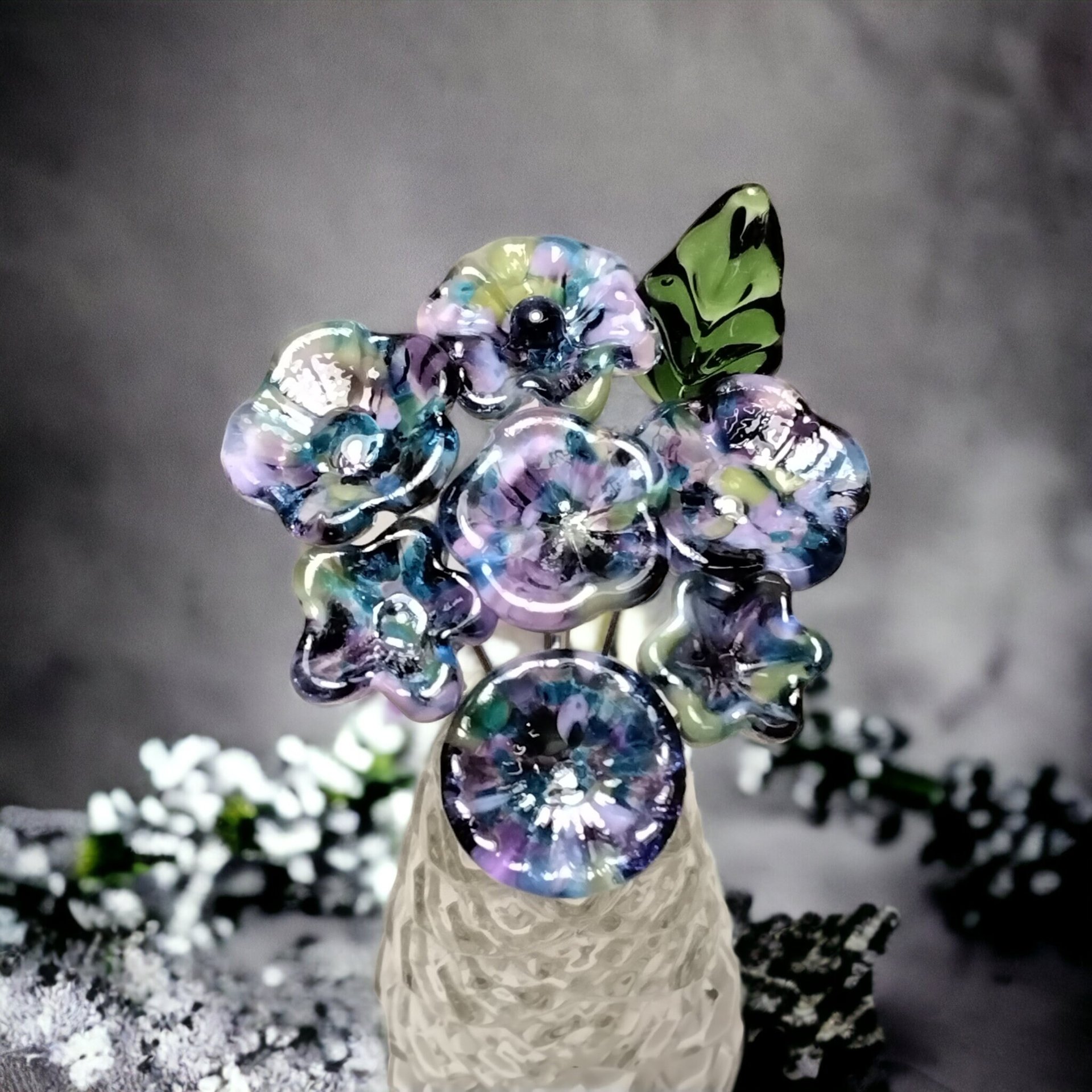 HYDRANGEA glass flowers, tiny small mini glass flowers on wire; handcrafted lampwork, jewelry, mixed media, wedding, plants, great gifts