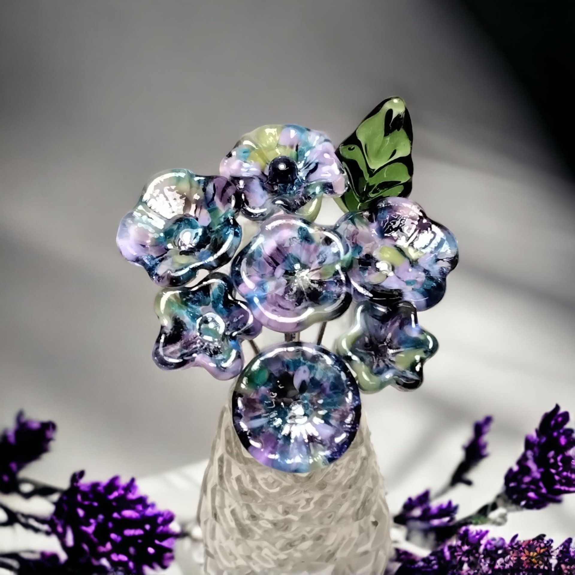 HYDRANGEA glass flowers, tiny small mini glass flowers on wire; handcrafted lampwork, jewelry, mixed media, wedding, plants, great gifts