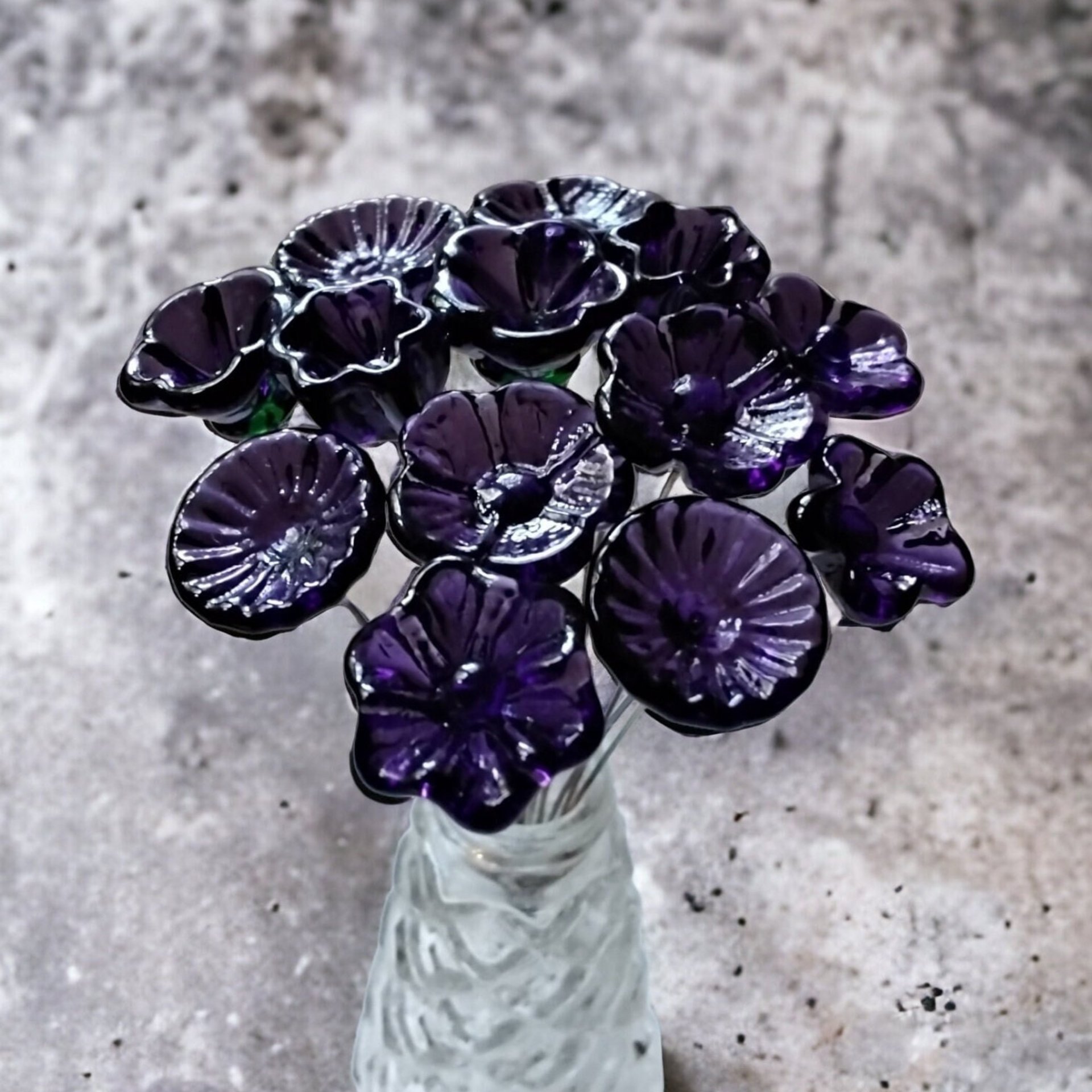 DEEP DARK PURPLE glass flowers, mini tiny small glass flowers on wire; handcrafted lampwork, jewelry, mixed media, wedding, plants, gift