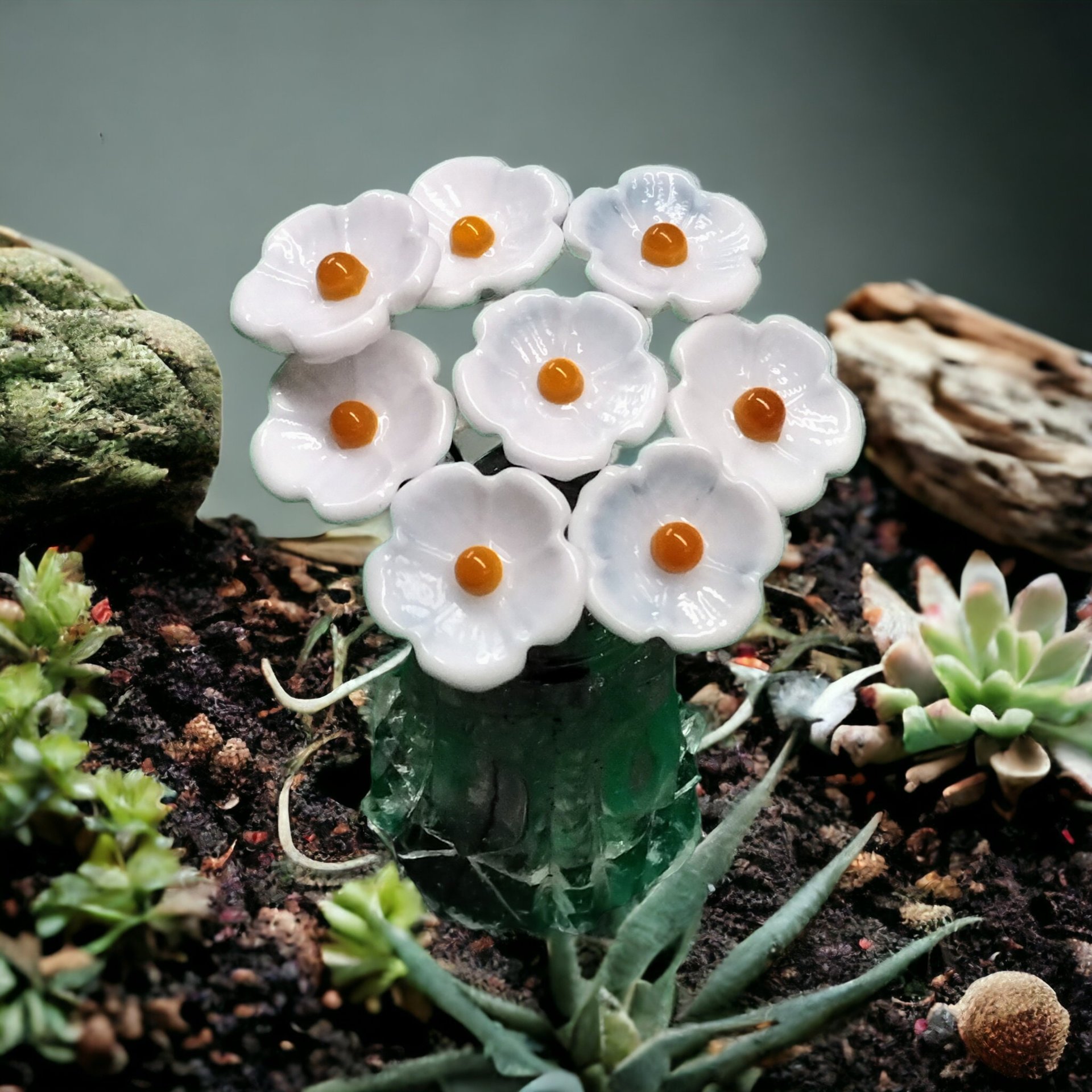 White 5-petal with yellow center glass flower headpins, tiny small mini glass flowers on wire; lampwork, jewelry, mixed media, wedding, gift