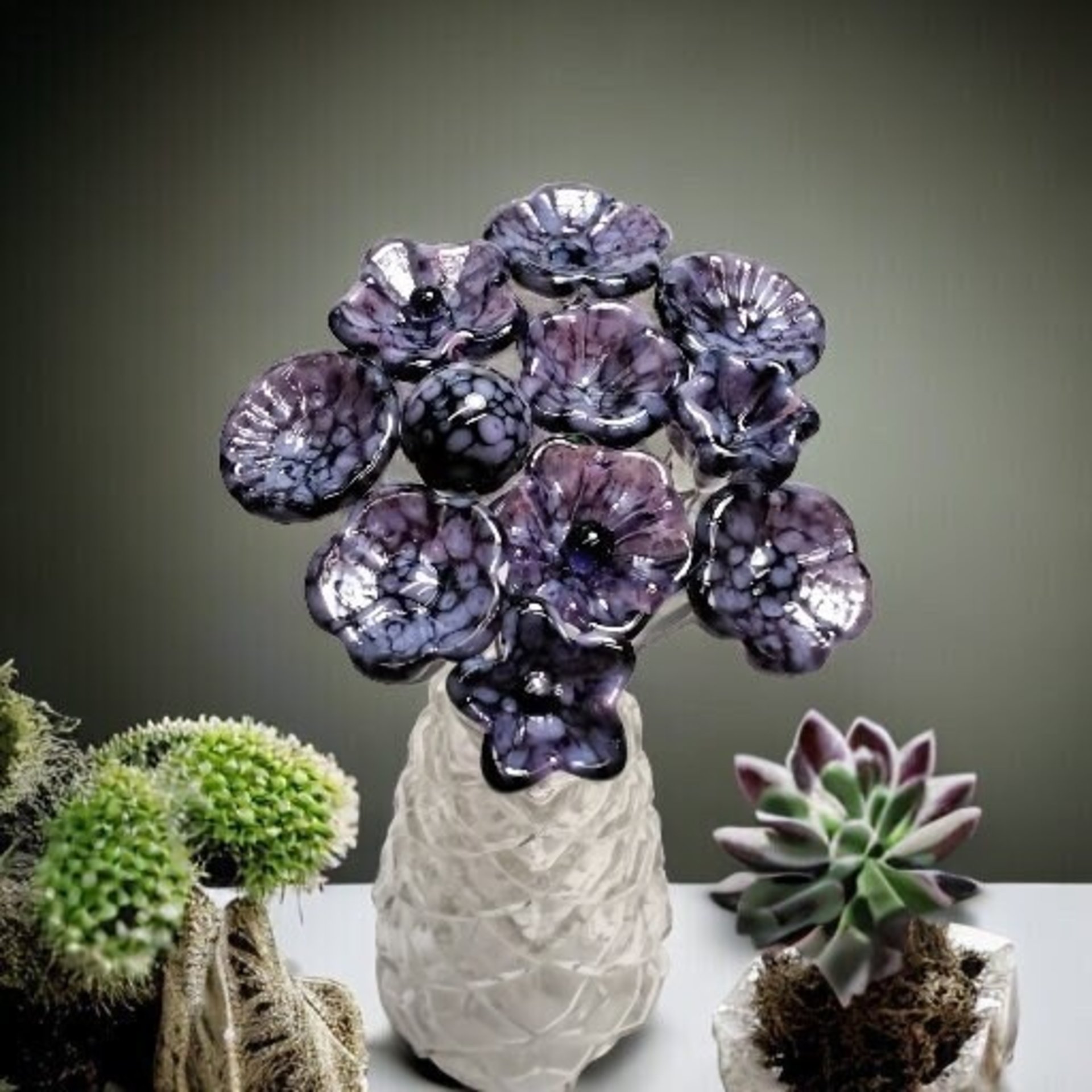 PURPLE MOTTLE JEWELTONE glass flowers; mini tiny small glass flowers on wire; handcraft lampwork, jewelry, mixed media, wedding, plant gift