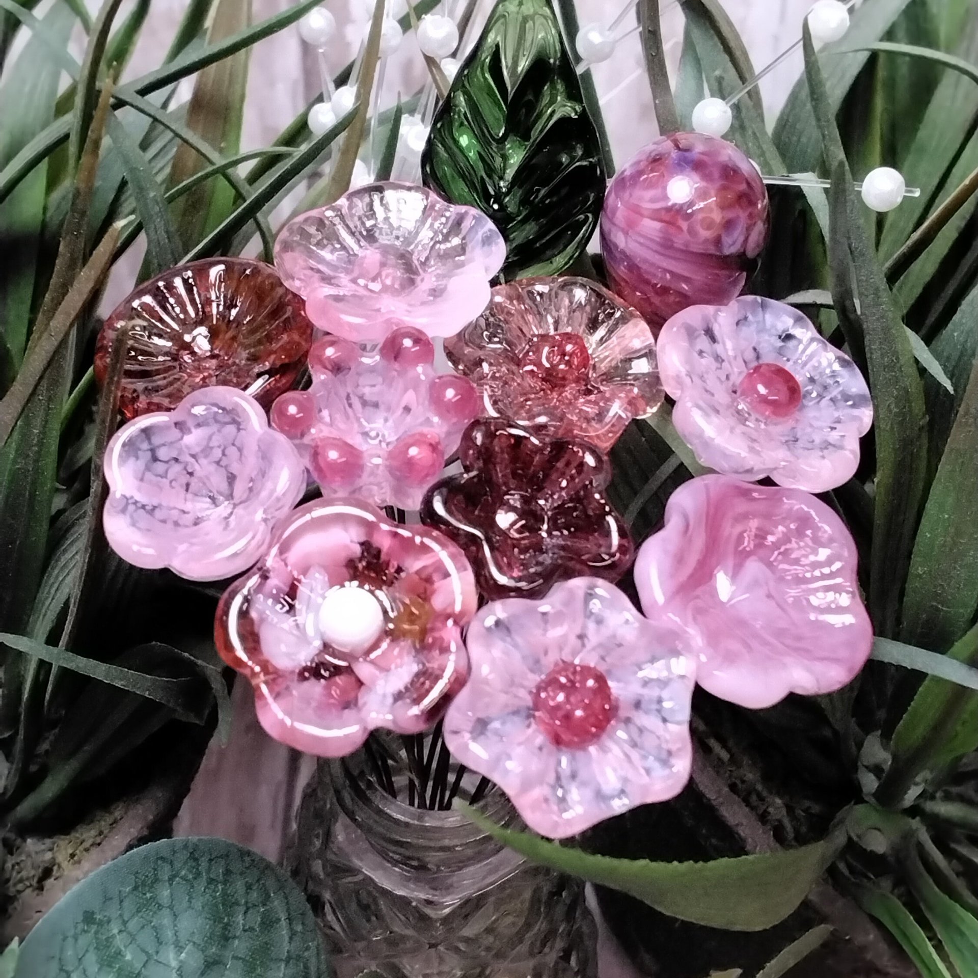 PINKTACULAR (strength) ~glass flower/leaf bouquet,tiny small glass flowers; handcrafted lampwork, wedding, baby, girl, placesetting, curio