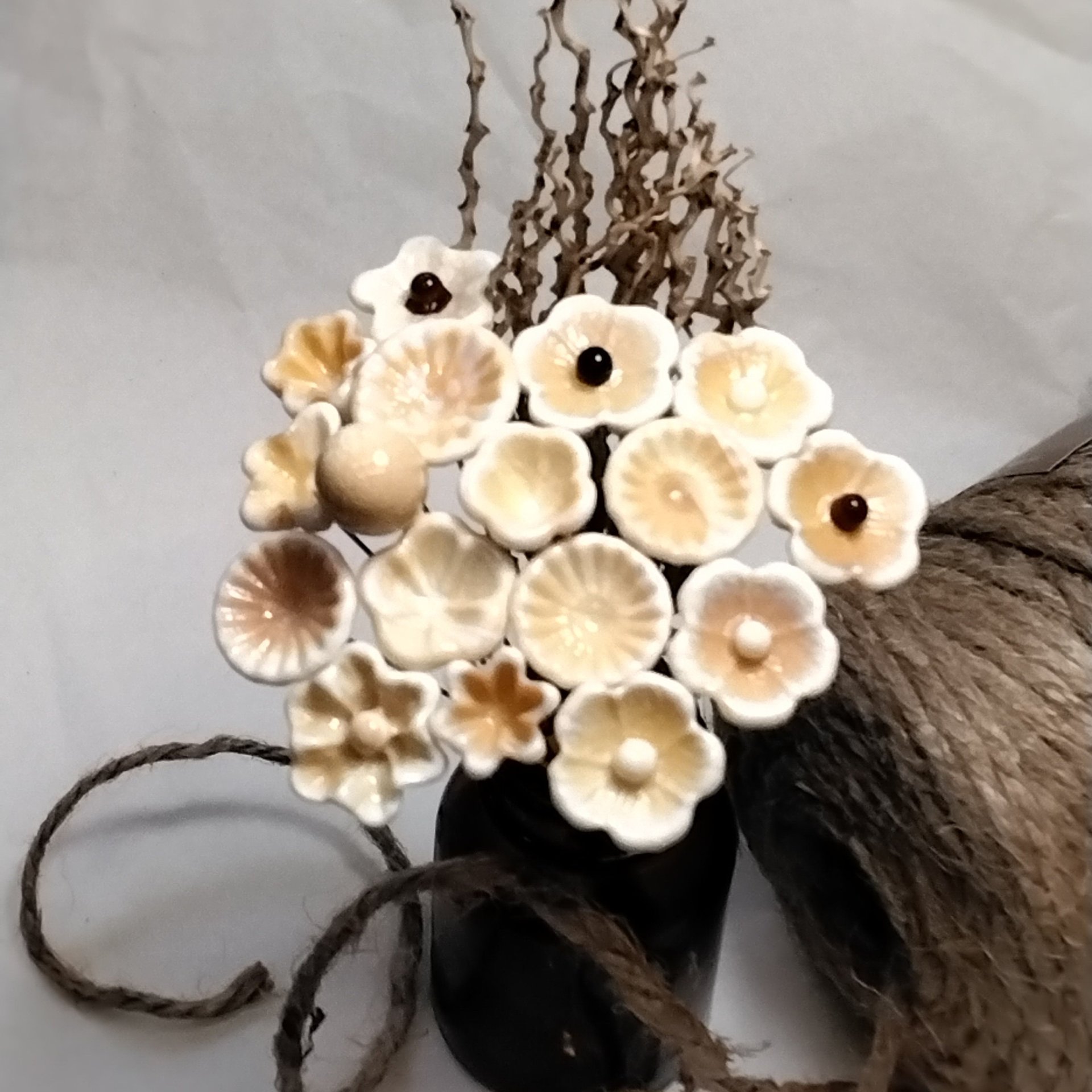ANTIQUE DARK IVORY glass flowers, miniature tiny small glass flowers on wire; antique autumn fall, jewelry, mixed media, wedding, gifts