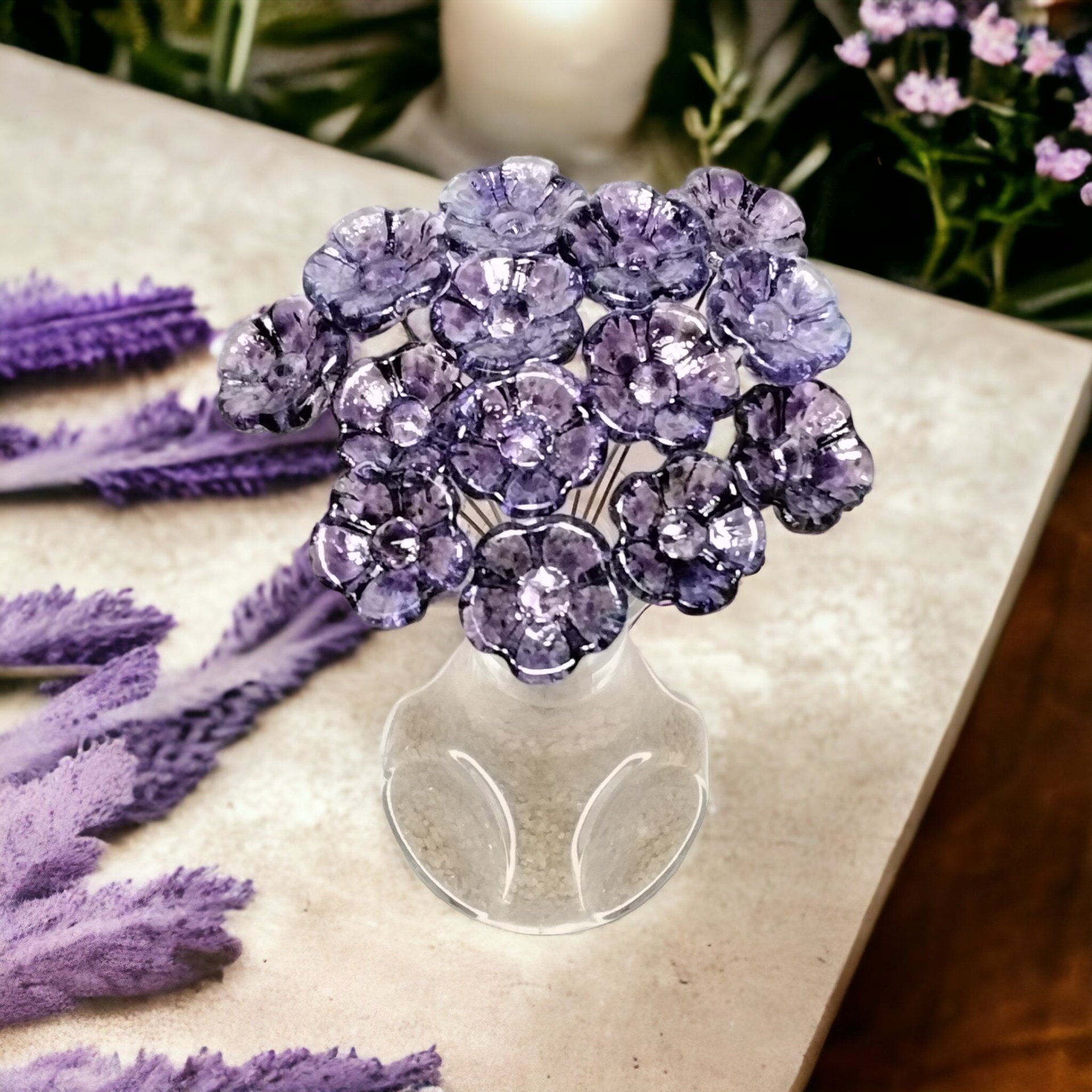 GRAPE PURPLE SPRINKLES glass flowers; mini tiny small glass flowers on wire; handcrafted lampwork, jewelry, mixed media, wedding, plant gift