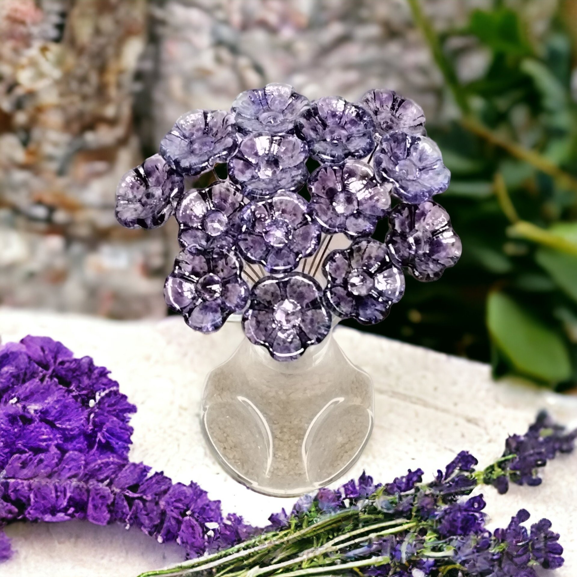 GRAPE PURPLE SPRINKLES glass flowers; mini tiny small glass flowers on wire; handcrafted lampwork, jewelry, mixed media, wedding, plant gift