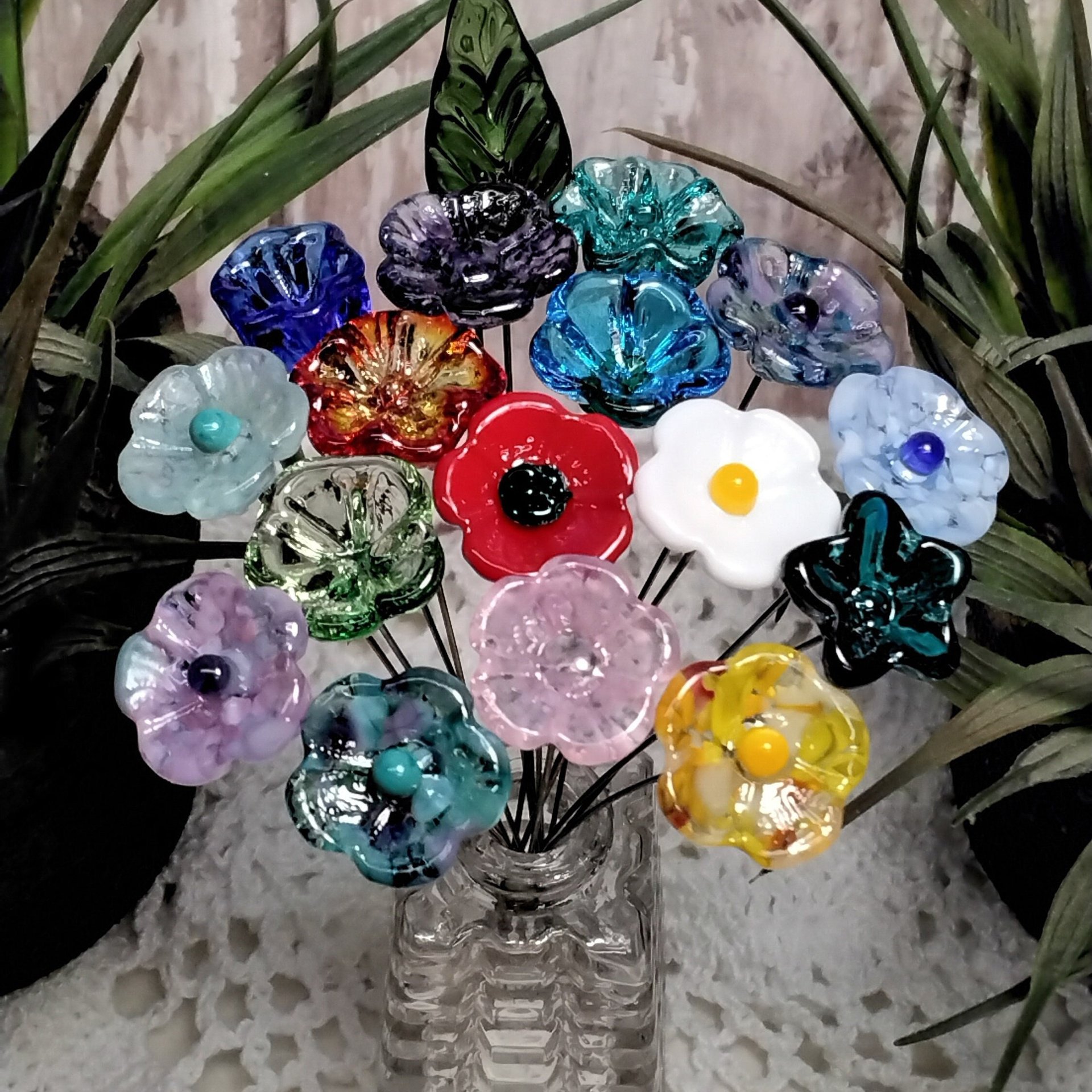 Deluxe BestSellers Bouquet mini glass flower/leaf bouquet with 17 flowers/leaf total tiny small glass flowers crafted lampwork, boho decor