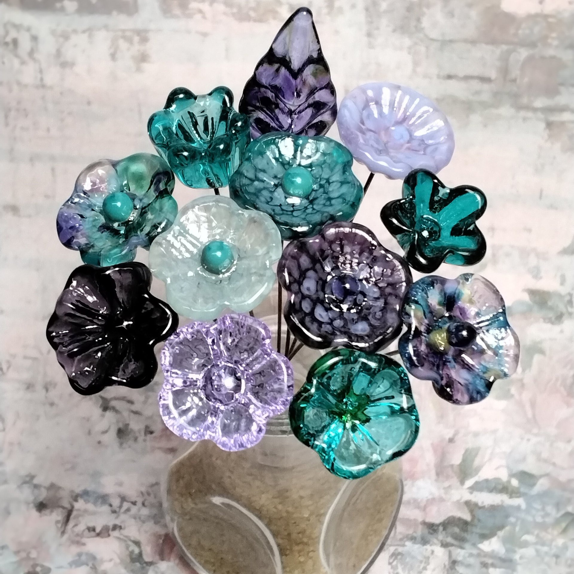 Purple Teal Sea Bouquet ~glass flowers+leaf, tiny small glass flowers handcrafted lampwork, gift, curio, windowsill, jewelry supply, wedding