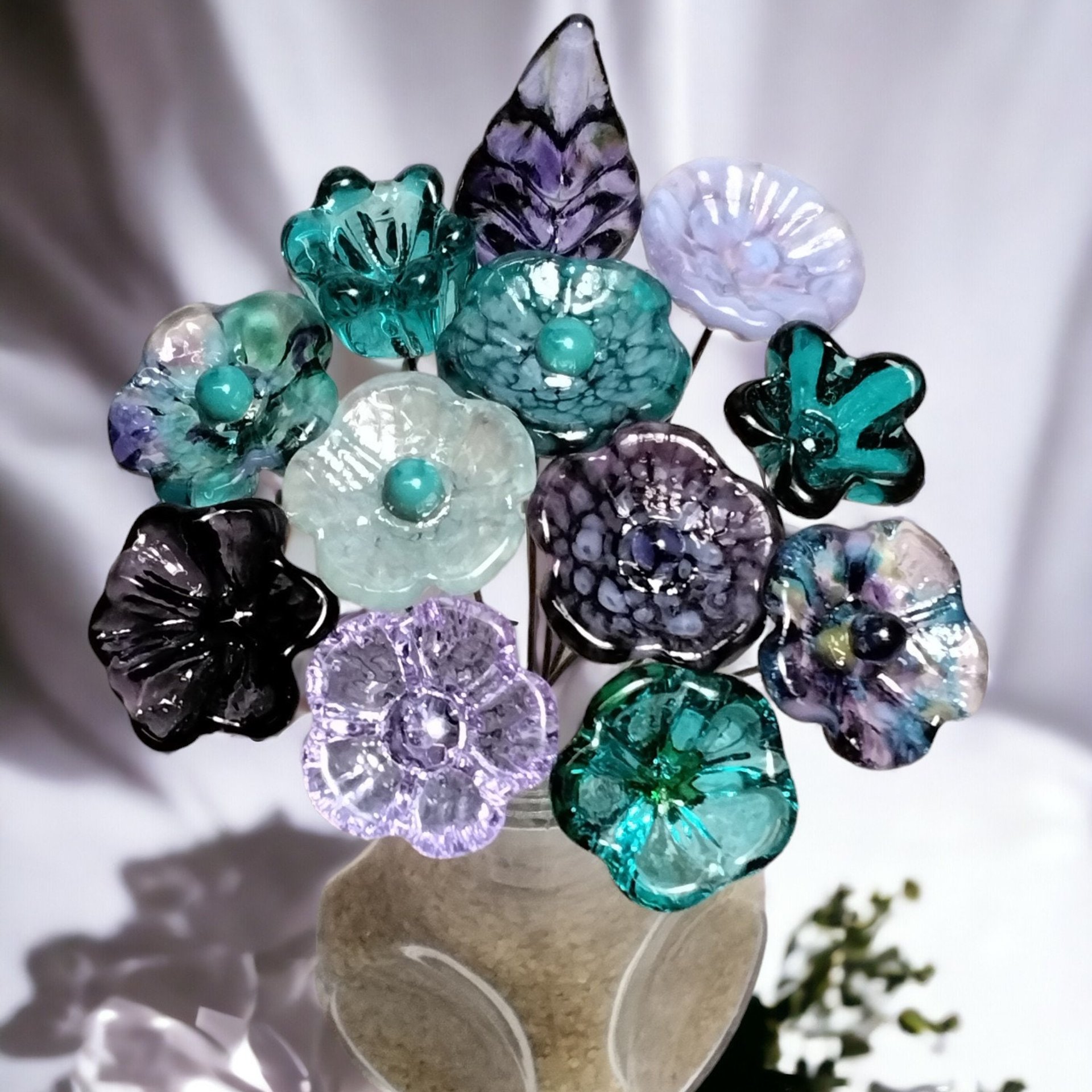 Purple Teal Sea Bouquet ~glass flowers+leaf, tiny small glass flowers handcrafted lampwork, gift, curio, windowsill, jewelry supply, wedding