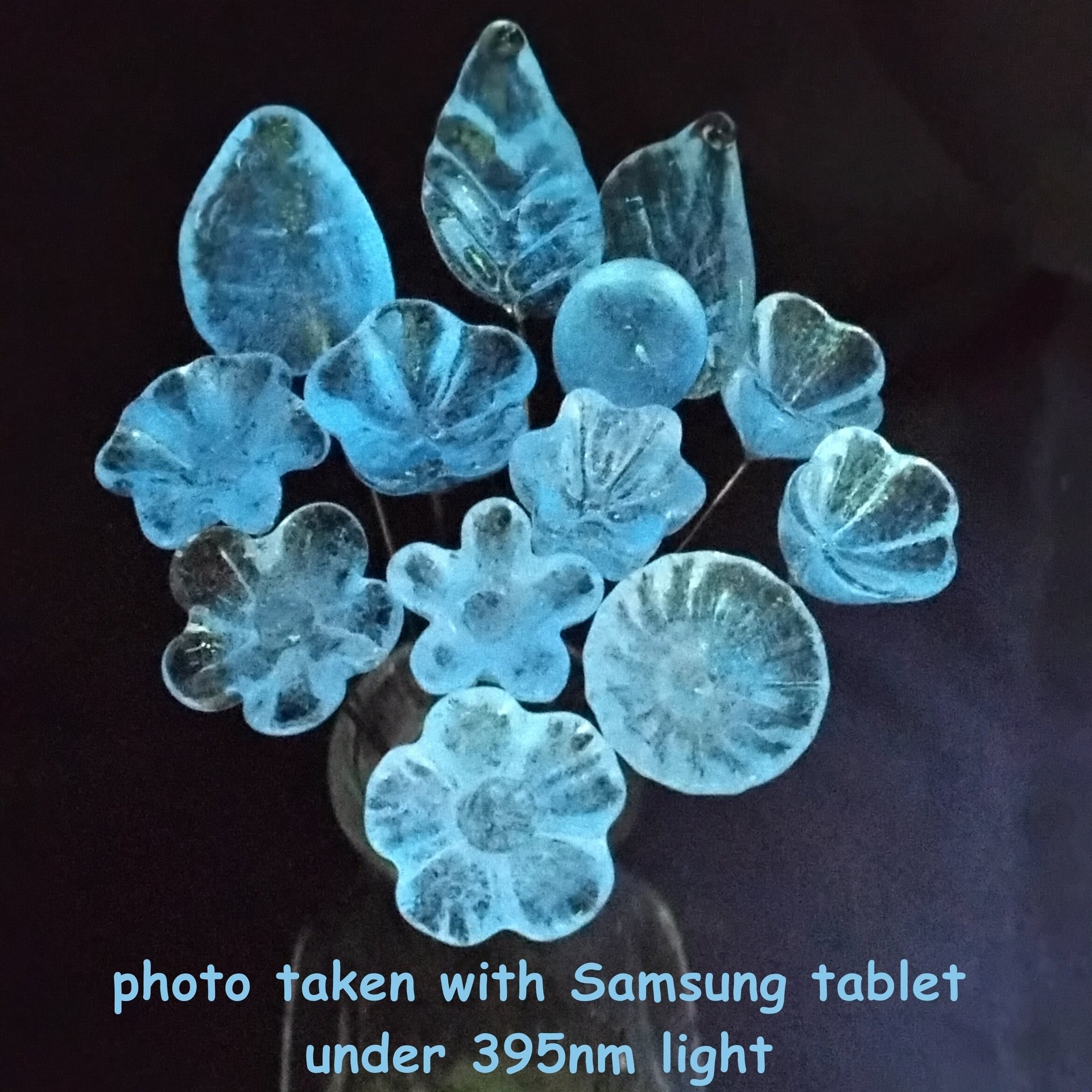 Full Set/12; SOFT BLUE GLOW uv reactive glass flowers; mini tiny small glass flowers on wire; individually crafted lampwork; soft blue glow