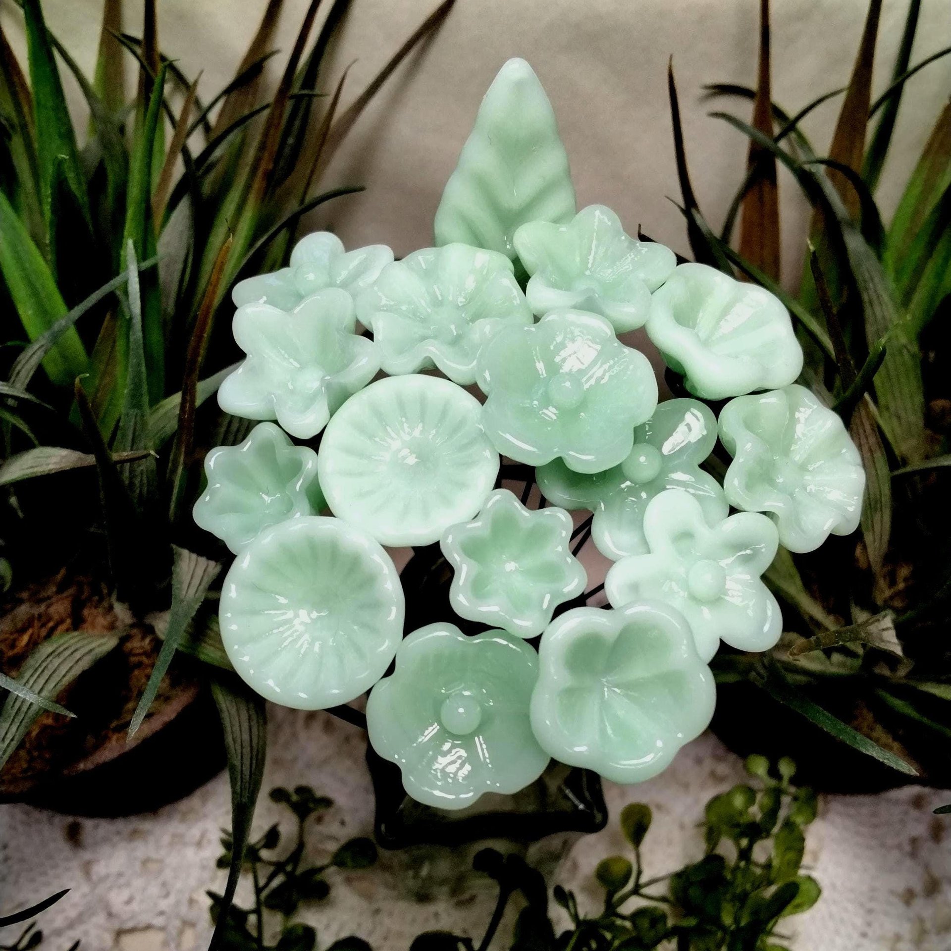 Jadeite Green Opalino glass flower, tiny small miniature glass flowers on wire; handcraft lampwork, great for jewelry, wedding, cakes, curio