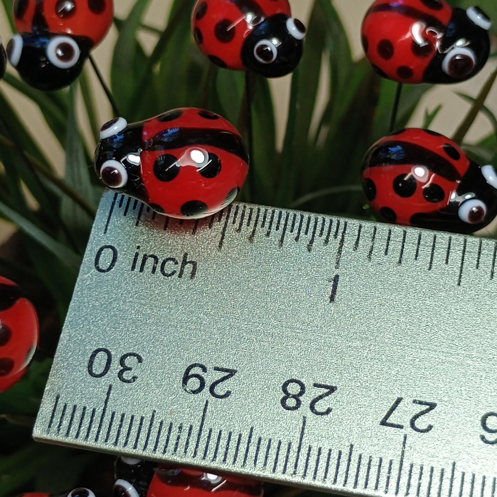 Glass ladybug floral plant pick on 5 inch stainless steel wire. Plant stake, plant pick, fairy garden, mini bug, gift; lampwork each unique