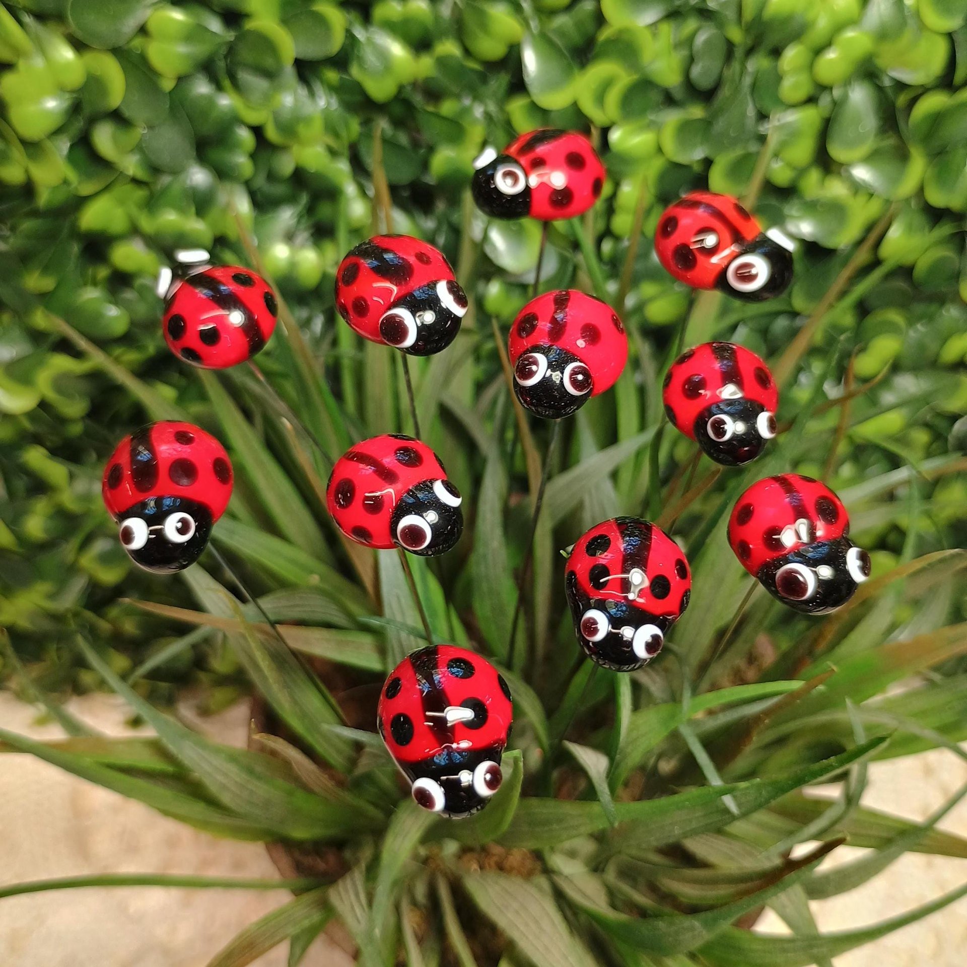 Glass ladybug floral plant pick on 5 inch stainless steel wire. Plant stake, plant pick, fairy garden, mini bug, gift; lampwork each unique