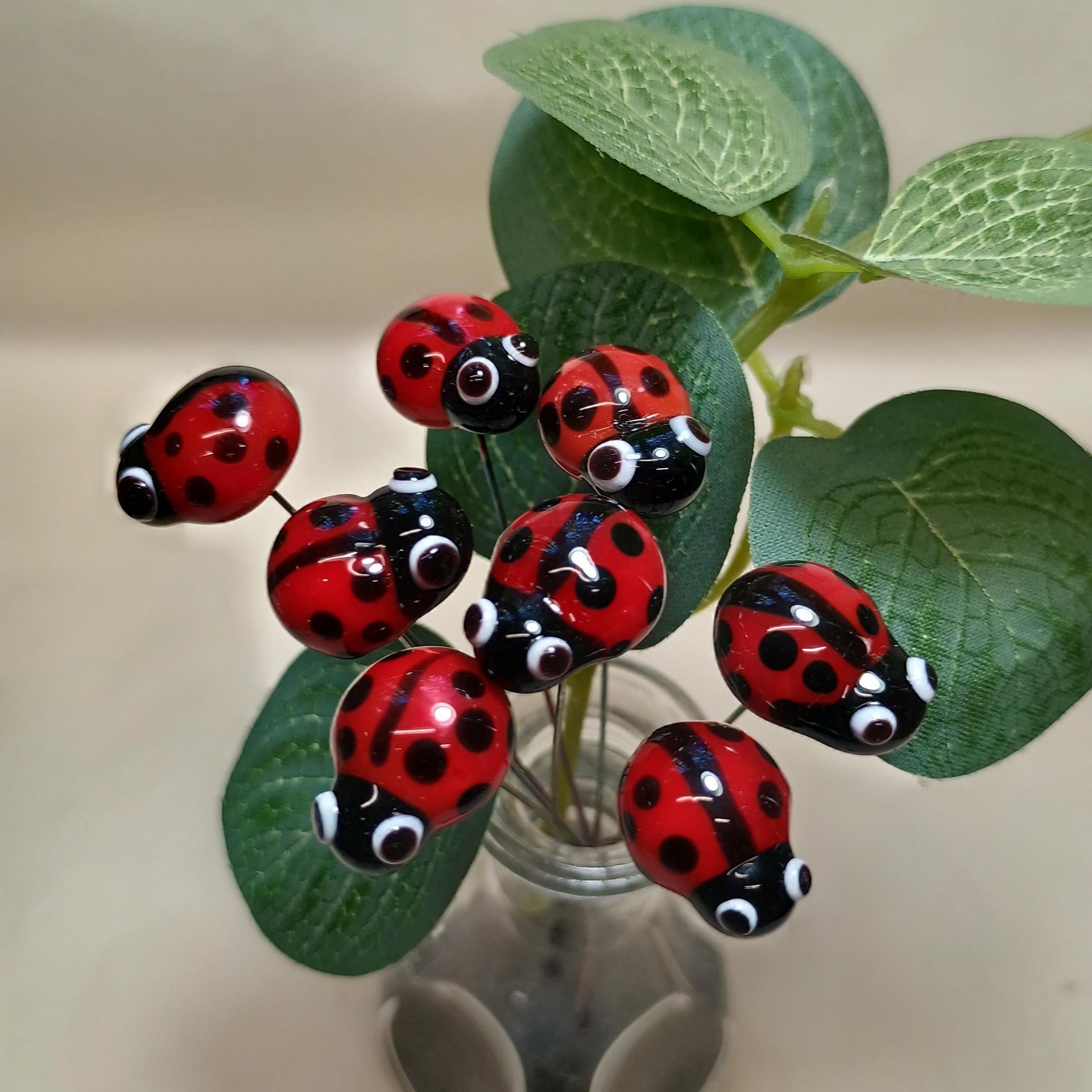 Glass ladybug floral plant pick on 5 inch stainless steel wire. Plant stake, plant pick, fairy garden, mini bug, gift; lampwork each unique
