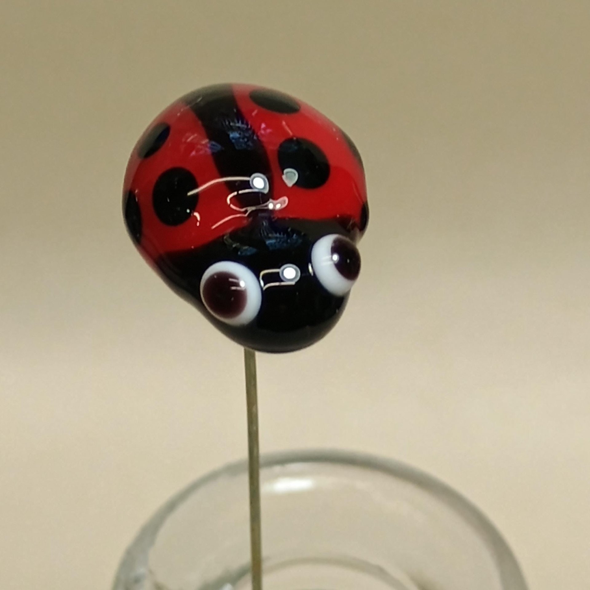 Glass ladybug floral plant pick on 5 inch stainless steel wire. Plant stake, plant pick, fairy garden, mini bug, gift; lampwork each unique