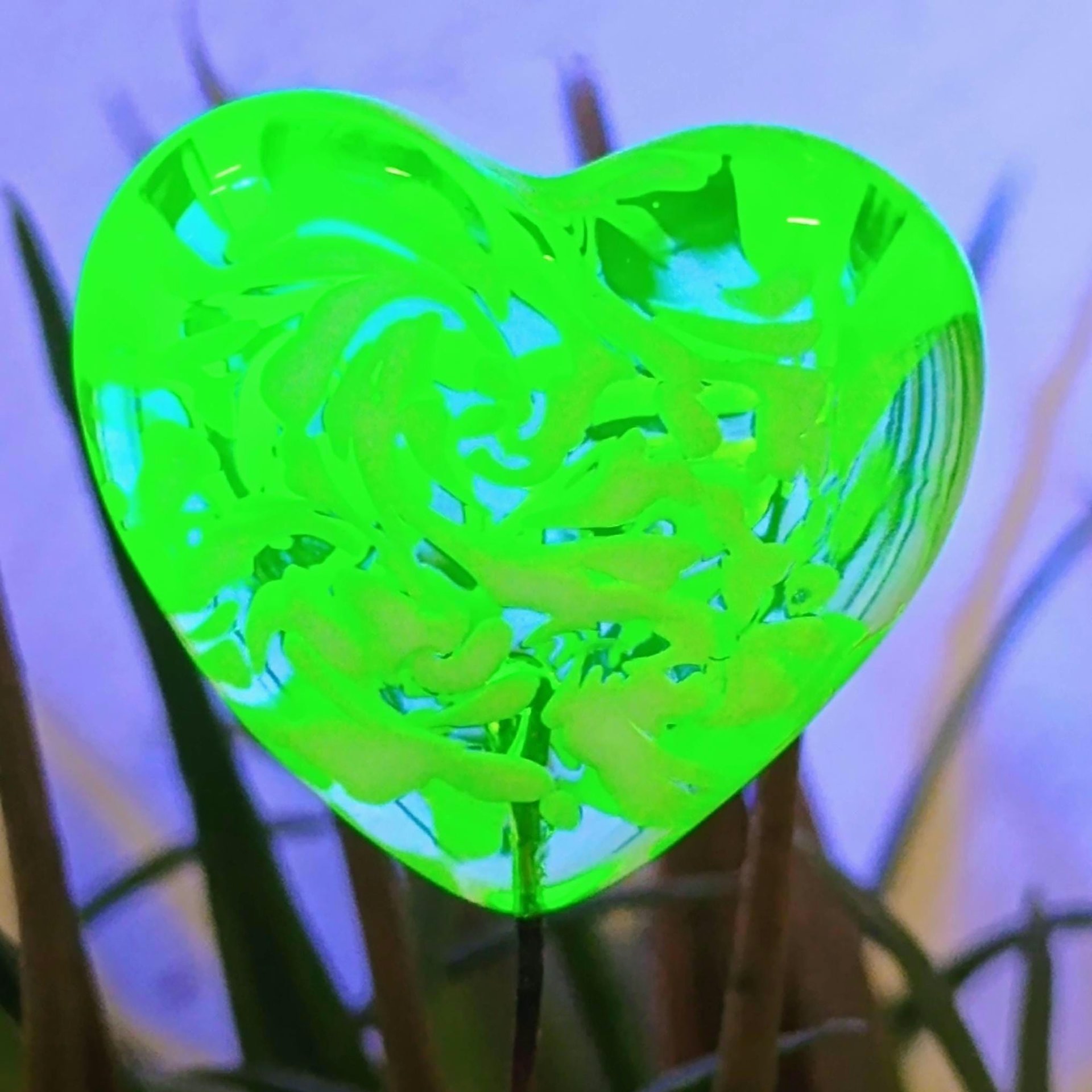 Uranium vasoline glass heart plant pick with white swirls on 5in wire. Use for floral bouquet, plants, jewelry, gifts; handmade by me; 395nm