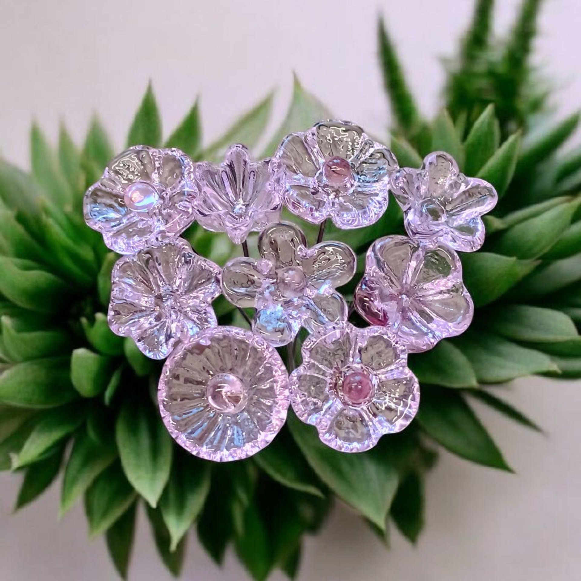 Pink Crystal glass flowers ~ tiny small miniature glass flowers on wire; for small bouquet gifts or jewelry, glass flowers made in my studio
