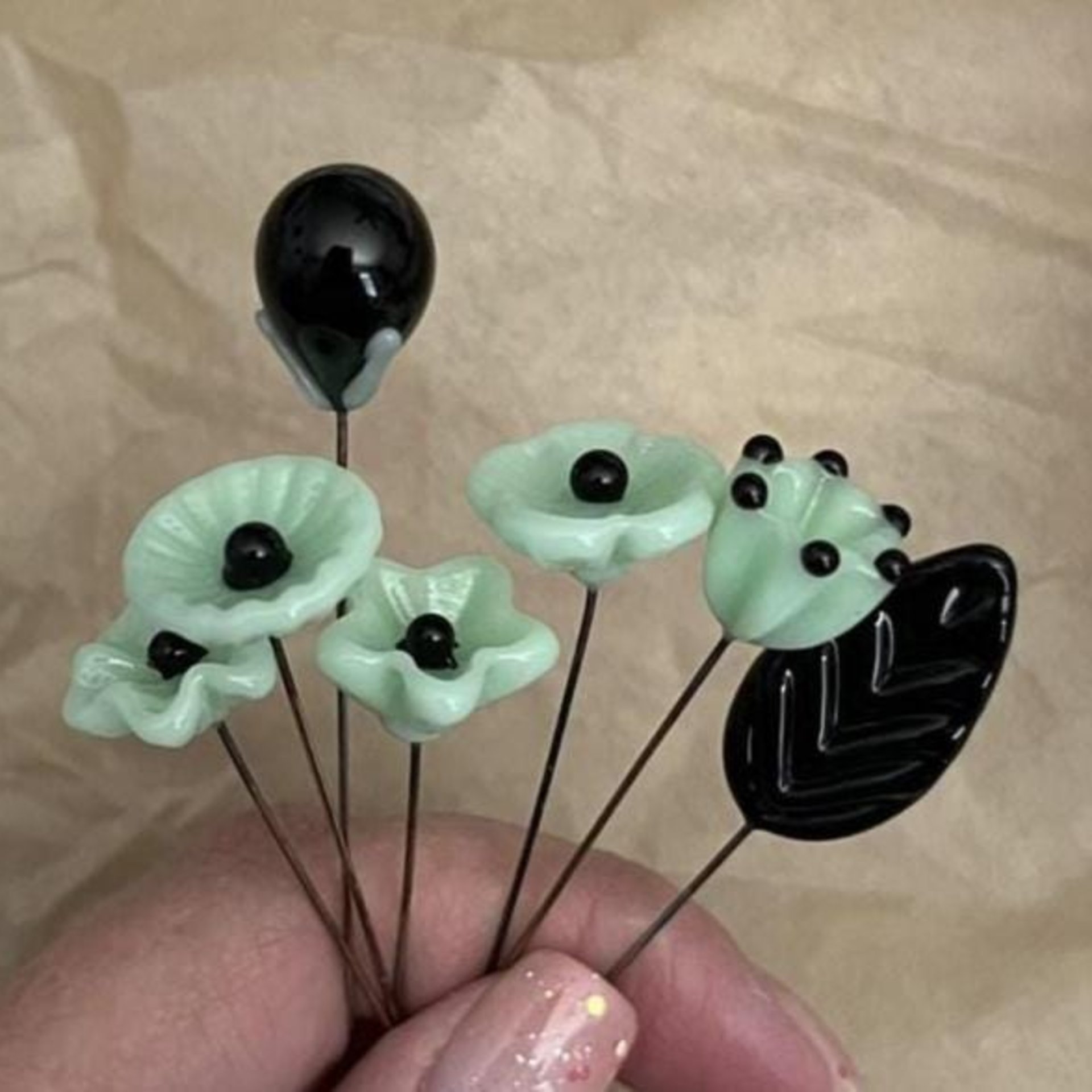 Jadeite Green Opalino glass flower, tiny small miniature glass flowers on wire; handcraft lampwork, great for jewelry, wedding, cakes, curio