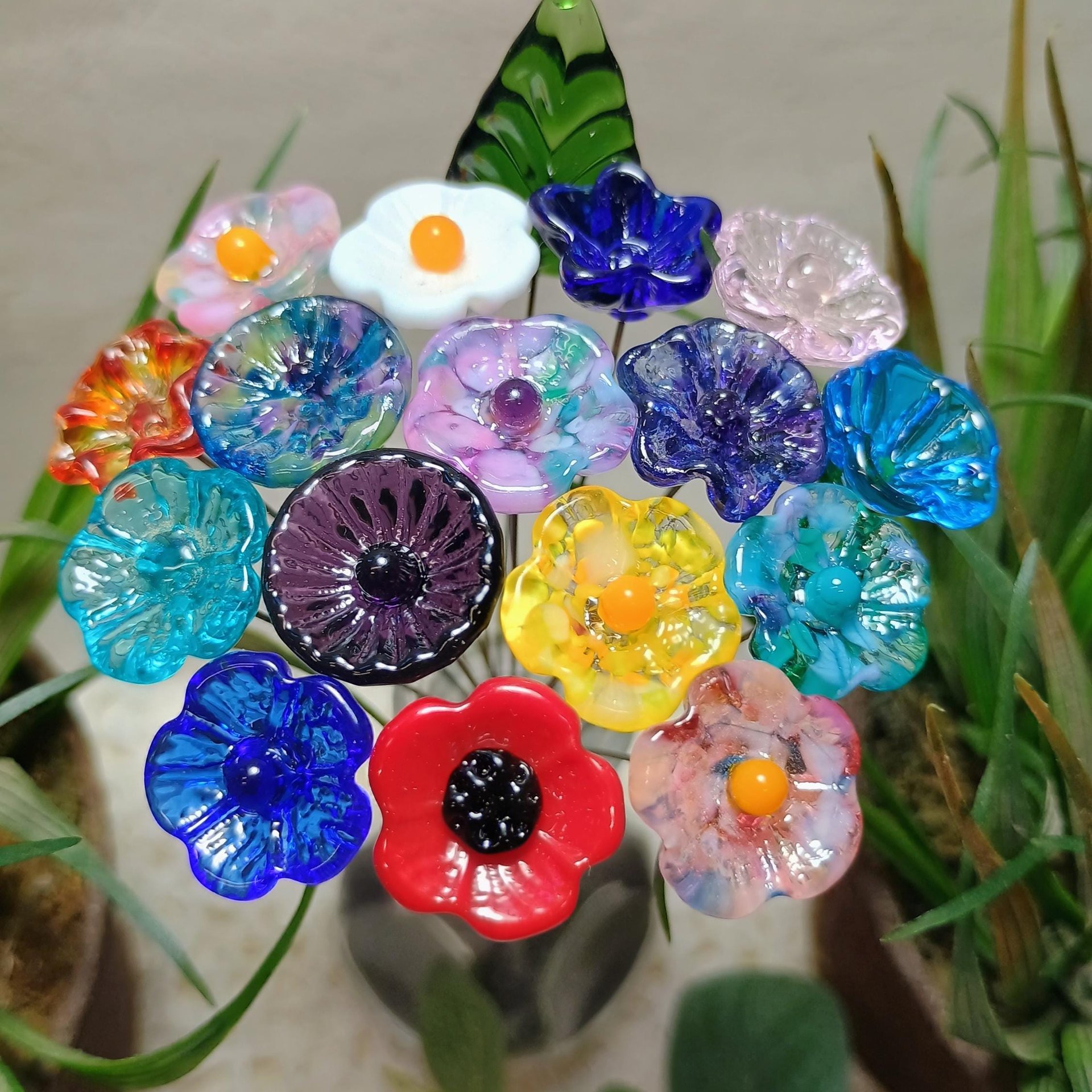 Deluxe BestSellers Bouquet mini glass flower/leaf bouquet with 17 flowers/leaf total tiny small glass flowers crafted lampwork, boho decor