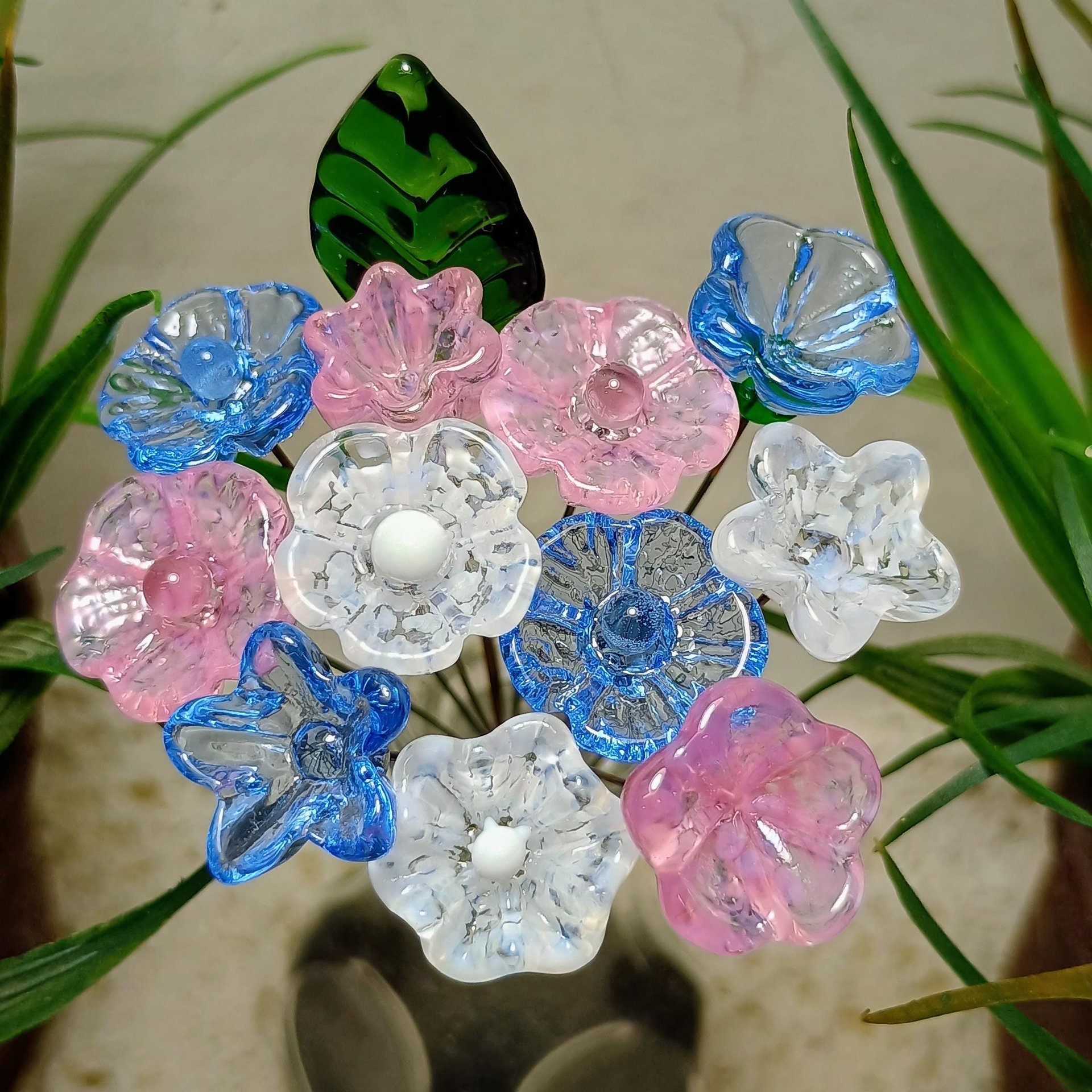 Pink and Blue Glass Flower Bouquet, tiny small flowers; handmade lampwork, gift, wedding, pastel, jewelry, baby, it's a boy, gender reveal