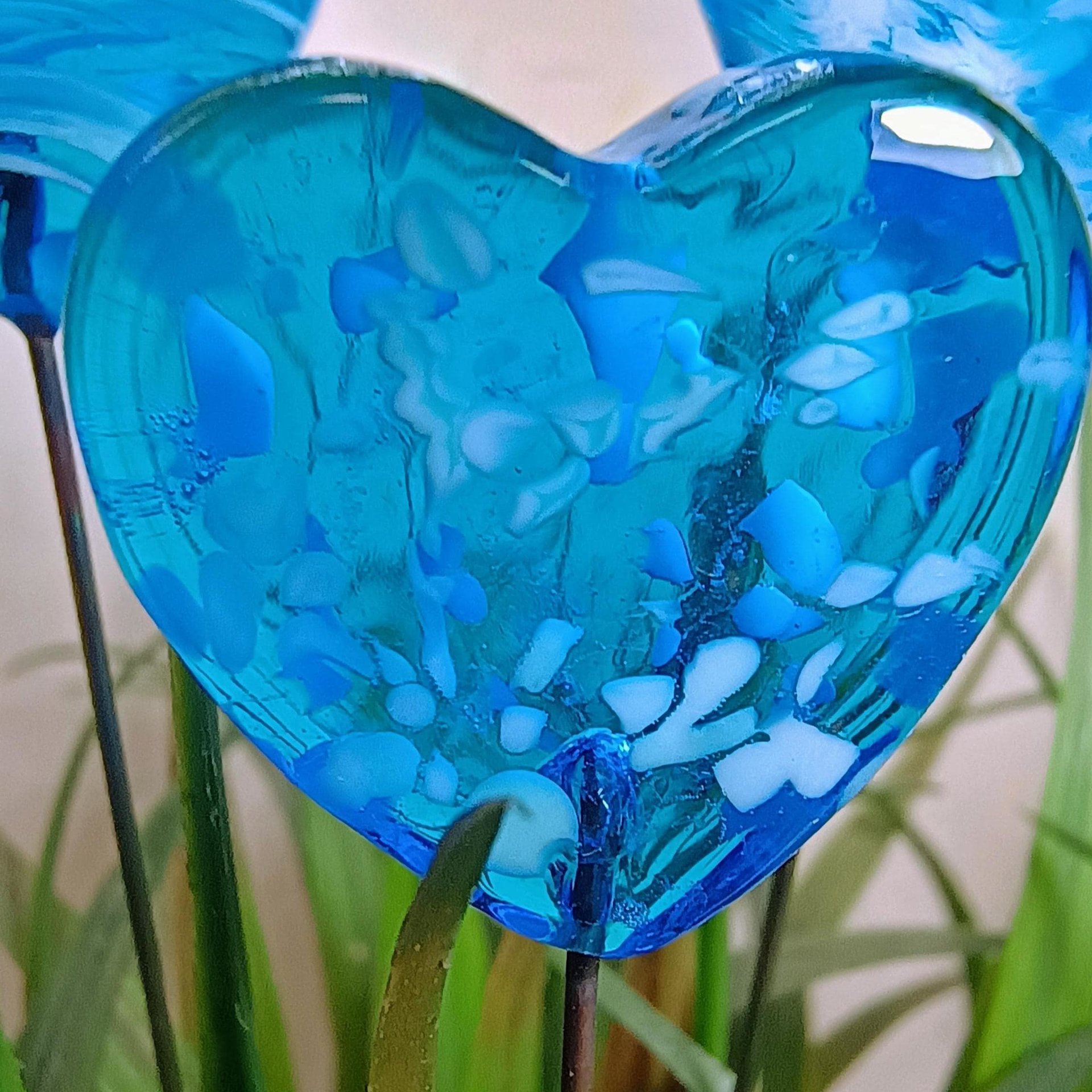 Glass Heart Plant Pick: Aqua and White, Heart on 5in wire. Use for floral bouquet, plants, jewelry, gifts; each unique handmade, 3/4in