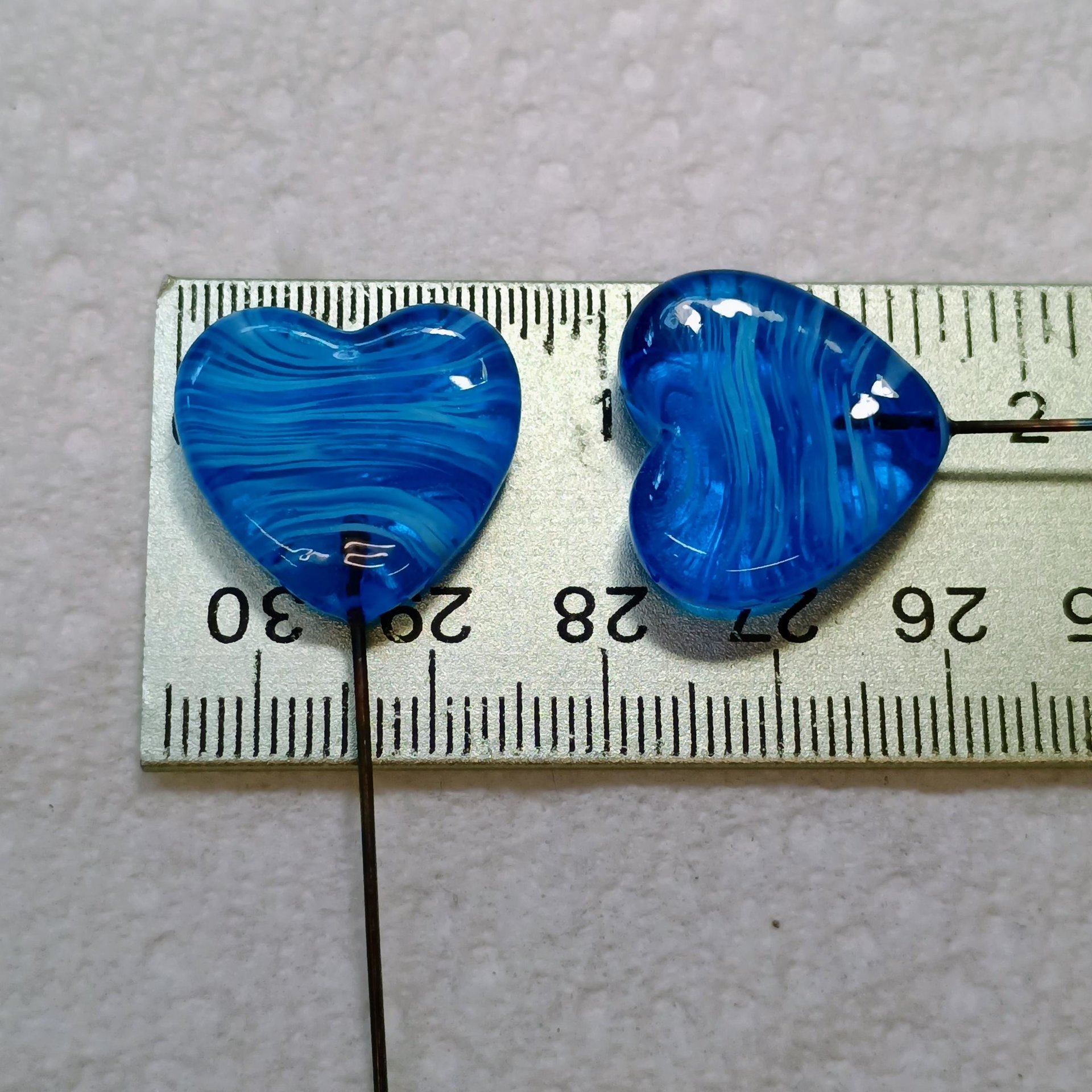 Glass Heart Plant Pick: Aqua and White, Heart on 5in wire. Use for floral bouquet, plants, jewelry, gifts; each unique handmade, 3/4in