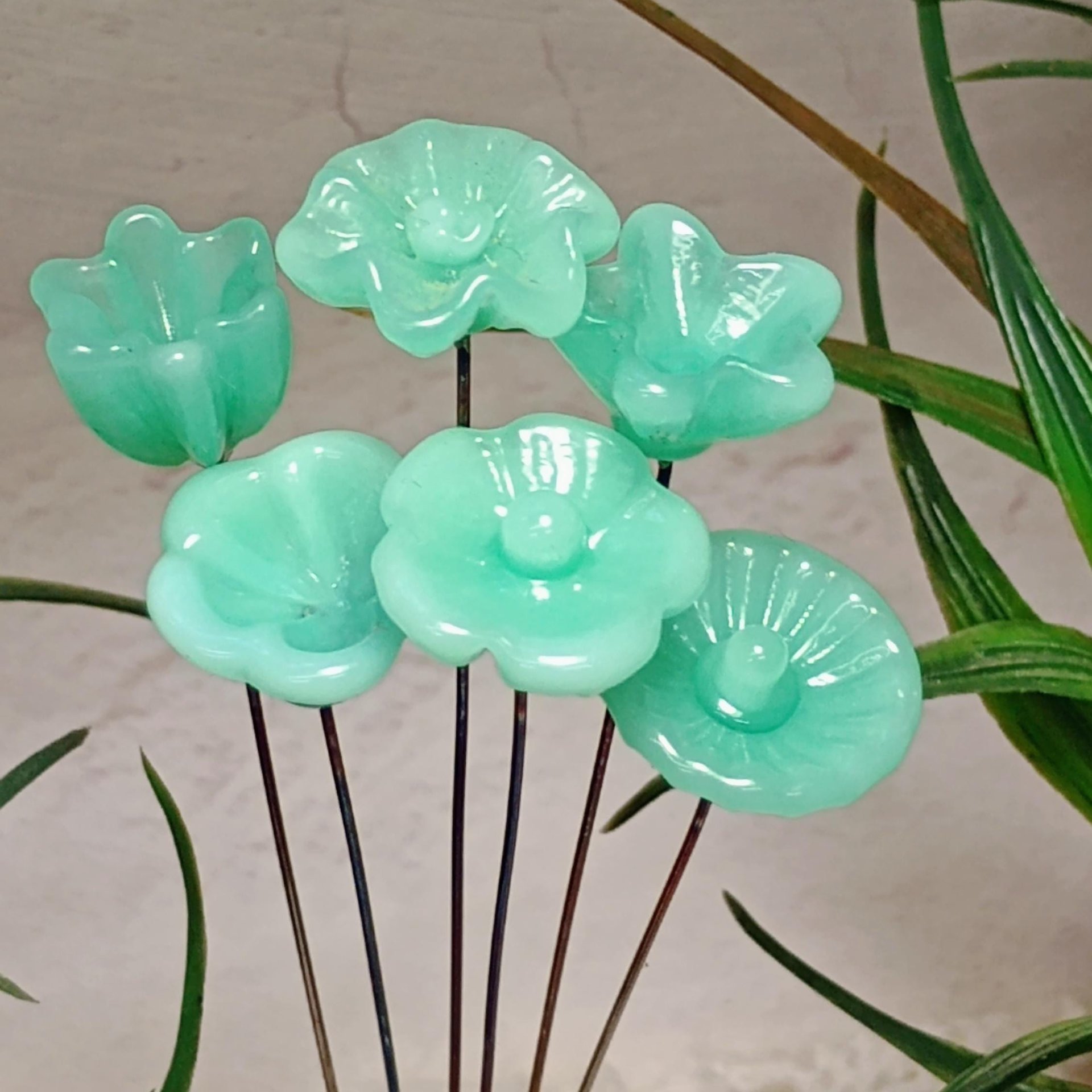 Jadeite Green Opalino glass flower, tiny small miniature glass flowers on wire; handcraft lampwork, great for jewelry, wedding, cakes, curio
