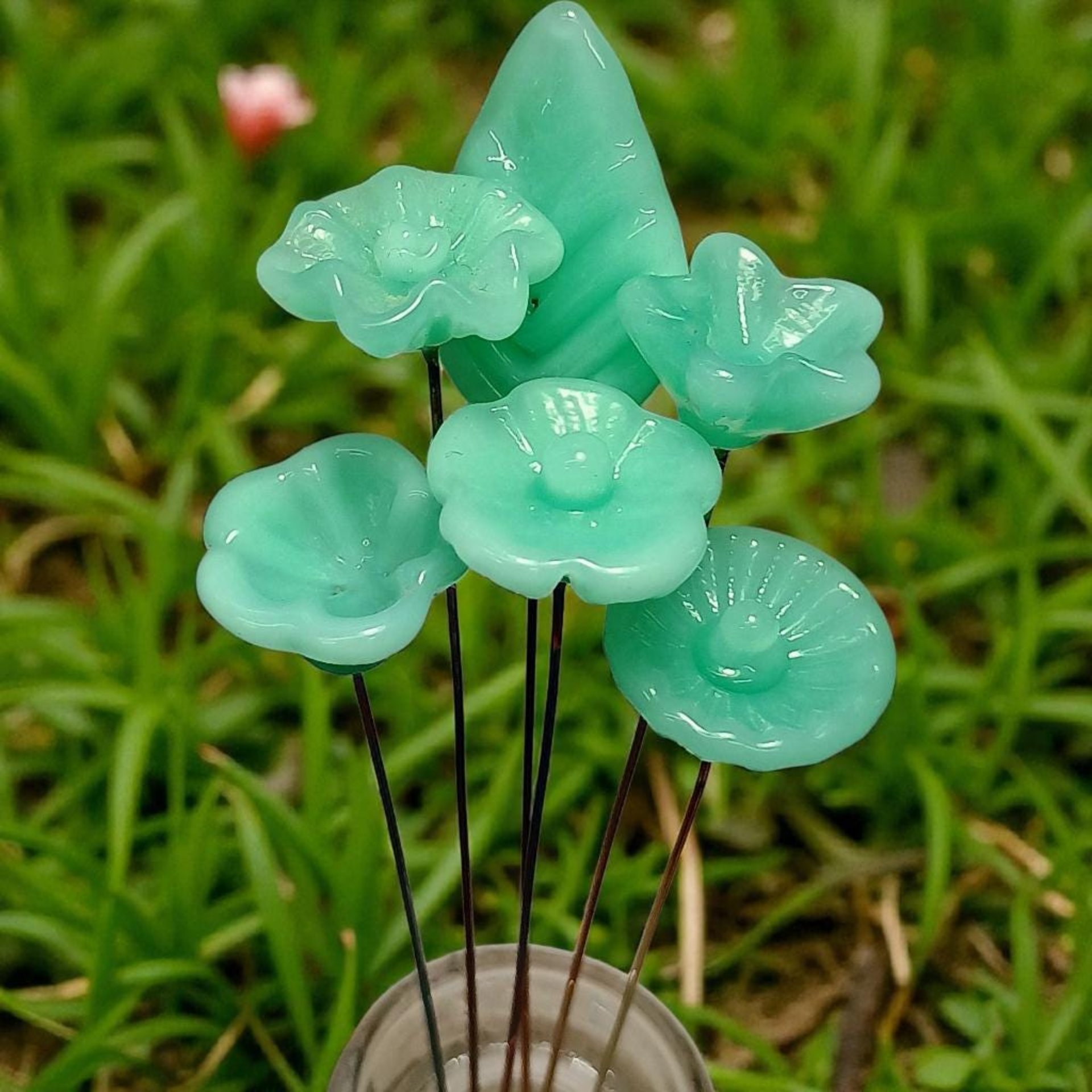 Jadeite Green Opalino glass flower, tiny small miniature glass flowers on wire; handcraft lampwork, great for jewelry, wedding, cakes, curio