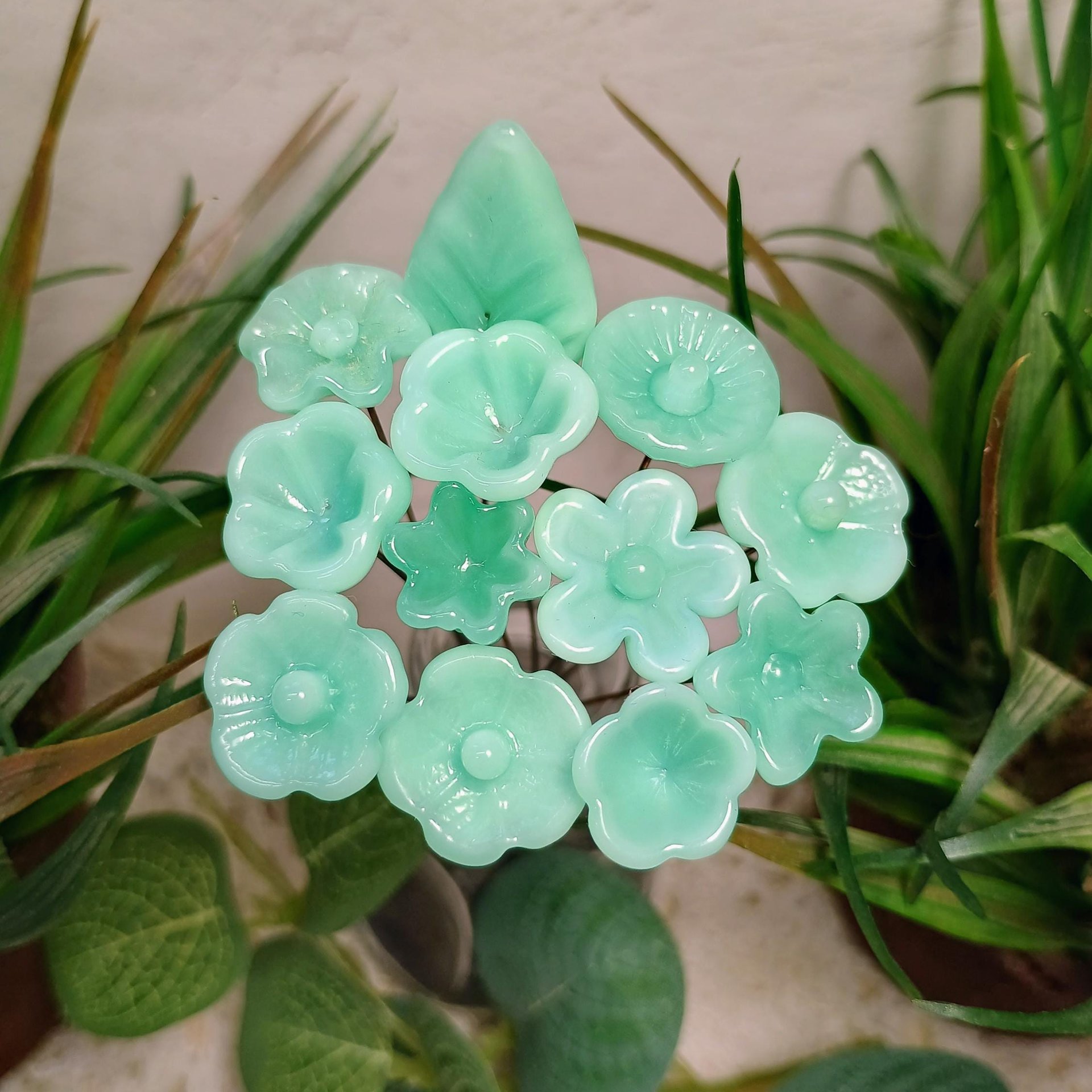 Jadeite Green Glass Flower Bouquet; set/12 tiny small mini glass flowers; handcrafted lampwork flowers vintage on 5inch stainless steel wire