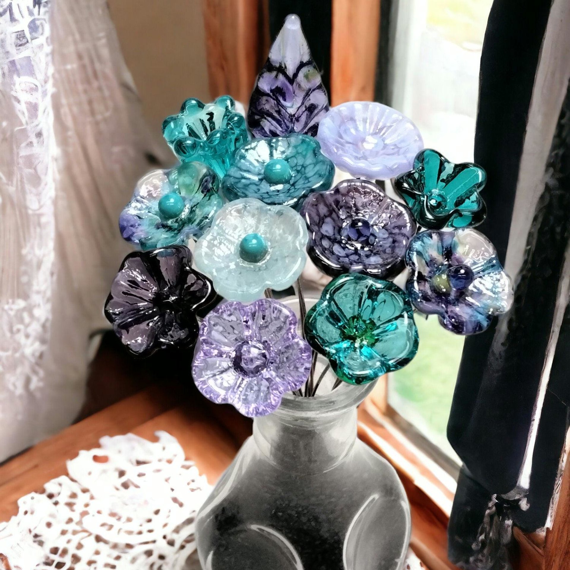 Purple Teal Sea Bouquet ~glass flowers+leaf, tiny small glass flowers handcrafted lampwork, gift, curio, windowsill, jewelry supply, wedding