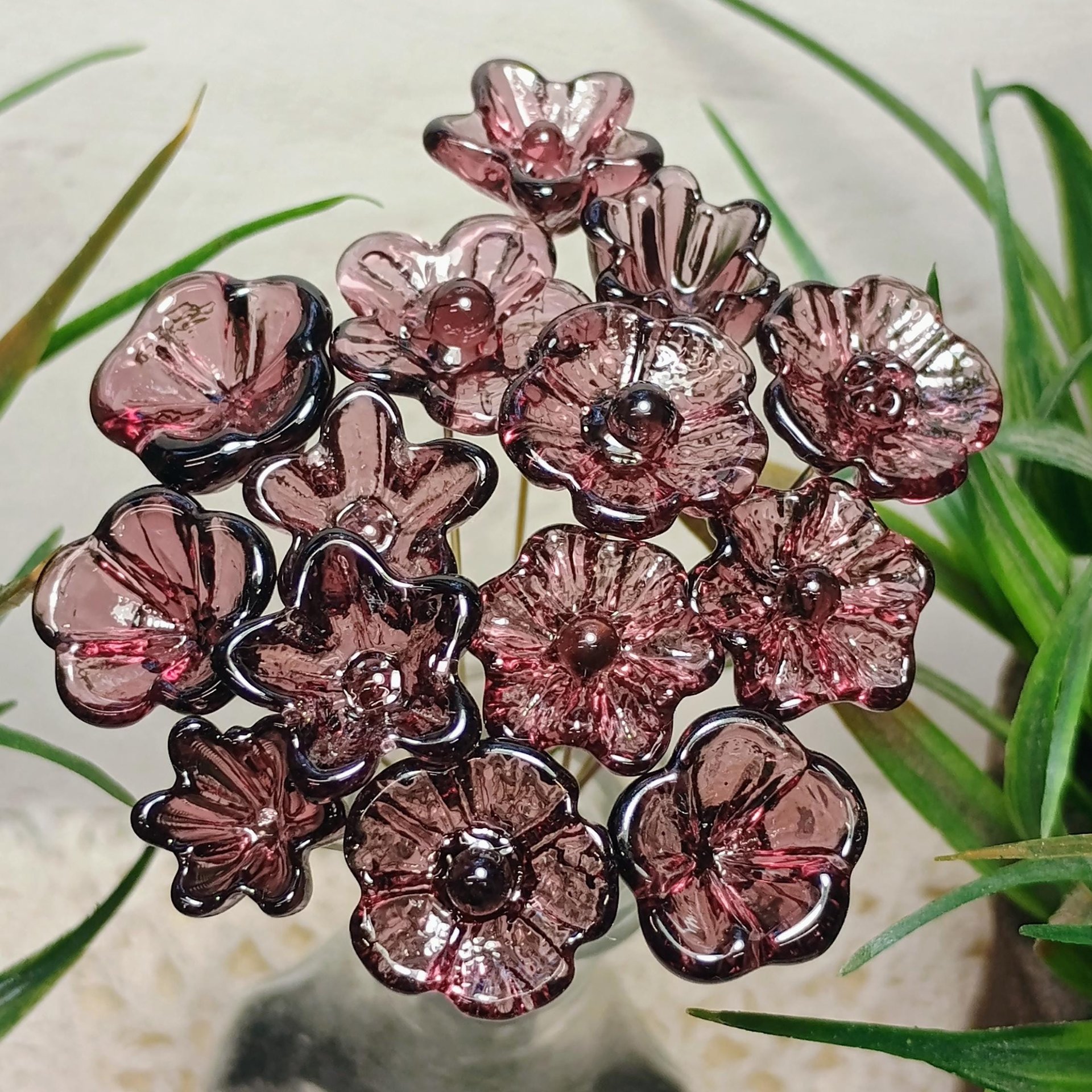 DARK ROSE' WINE glass flower headpins; mini tiny small glass flowers on wire; handcraft lampwork, jewelry, mixed media, wedding, plant, gift