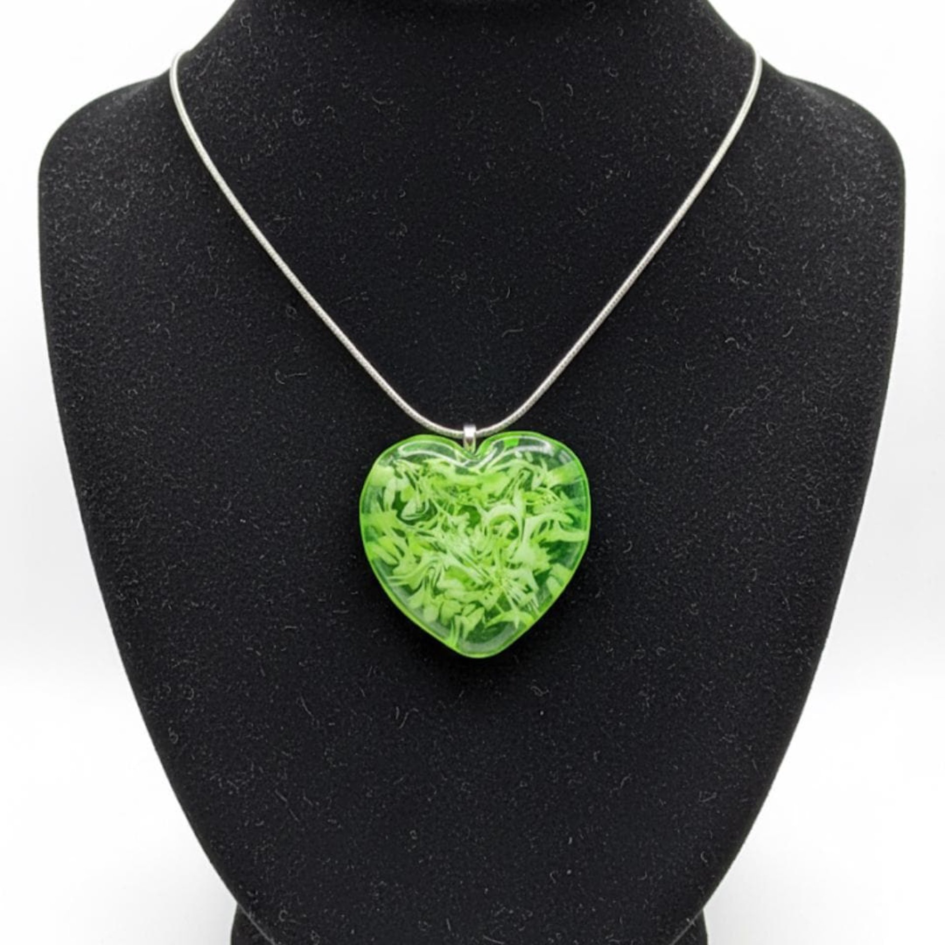 My Heart Glows! Uranium Large Heart 1.25" (30mm) vasoline glass with white victorian-lace swirls; wirewrapping, jewelry, pocket heart, gift,