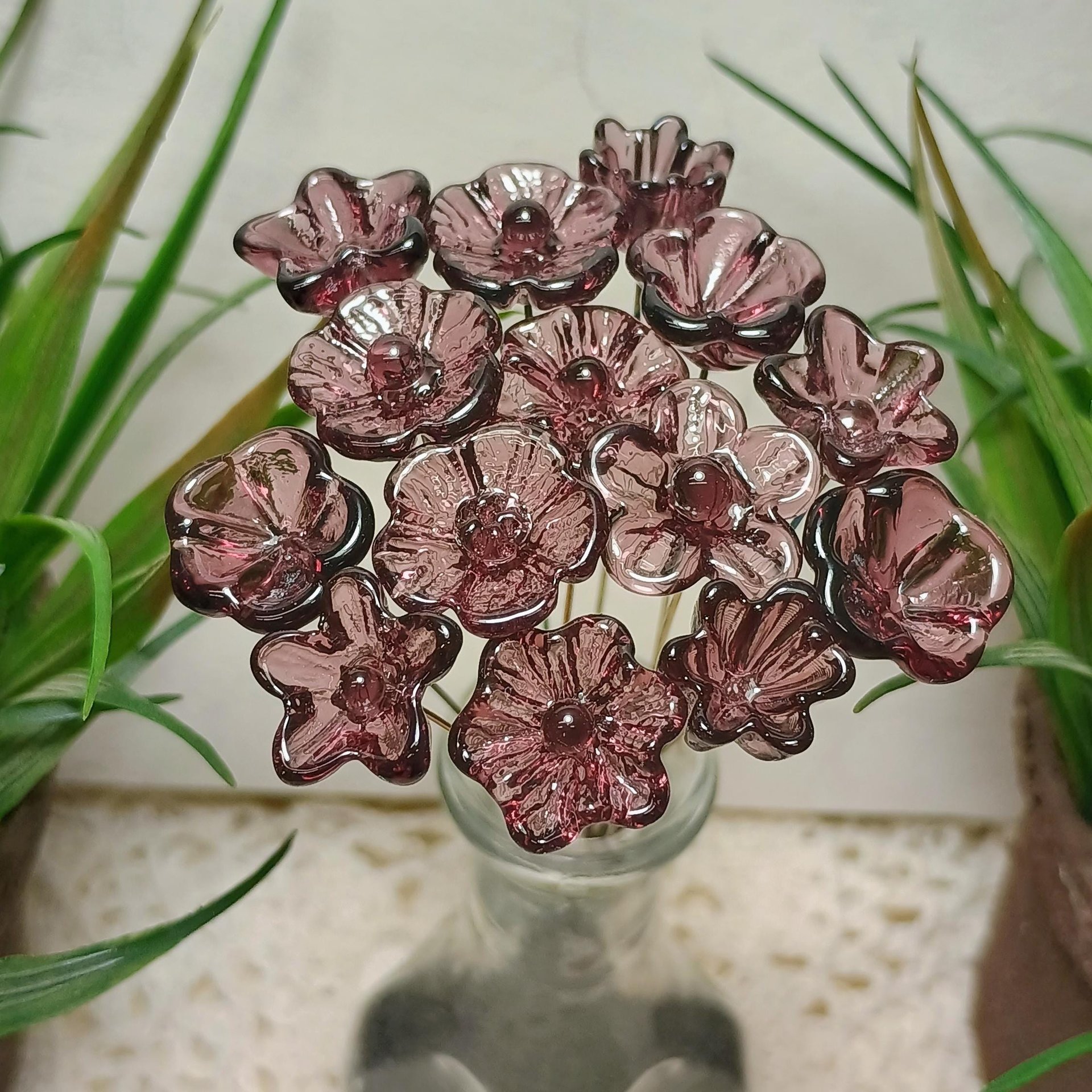 DARK ROSE' WINE glass flower headpins; mini tiny small glass flowers on wire; handcraft lampwork, jewelry, mixed media, wedding, plant, gift