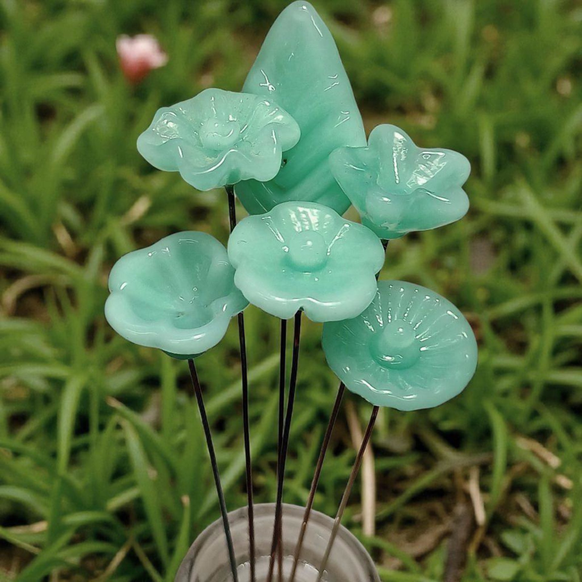 Jadeite Green Glass Flower Bouquet; set/12 tiny small mini glass flowers; handcrafted lampwork flowers vintage on 5inch stainless steel wire