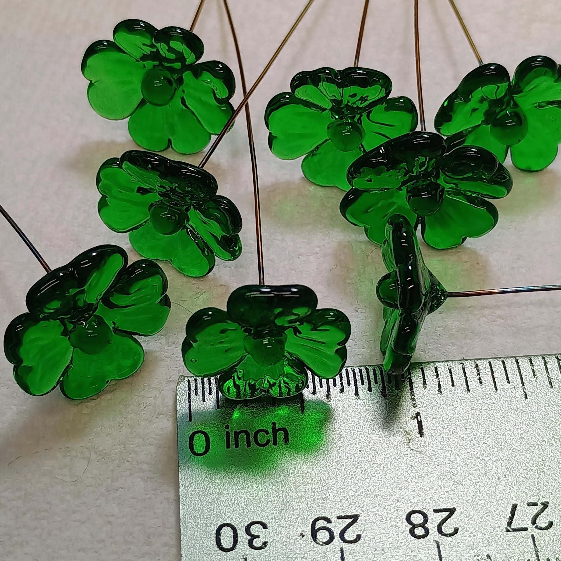 Glass 4 leaf Clover Shamrock, Luck of the Irish, kelly green handblown lampwork plant pick on 5in wire. bouquet, Irish gift, approx 3/4inch