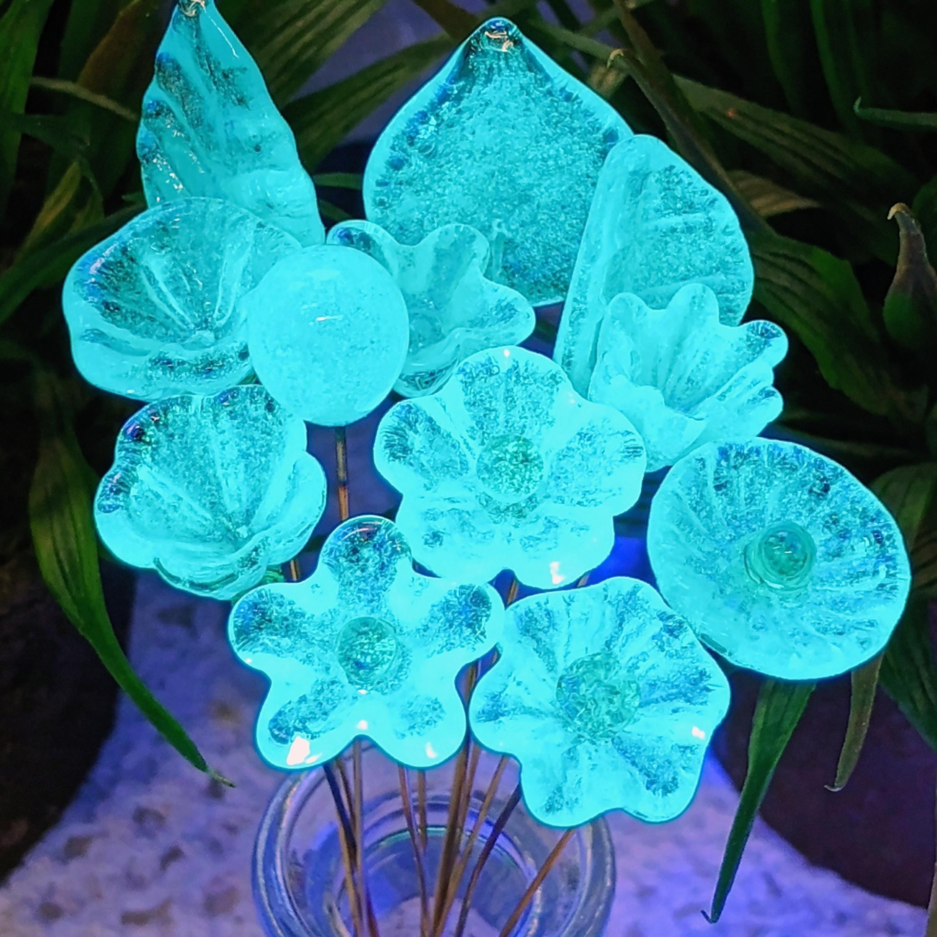 New! SOFT AQUA GLOW uv reactive glass flowers; miniature tiny small glass flowers on wire; handcrafted lampwork; bright aqua glow in 395nm