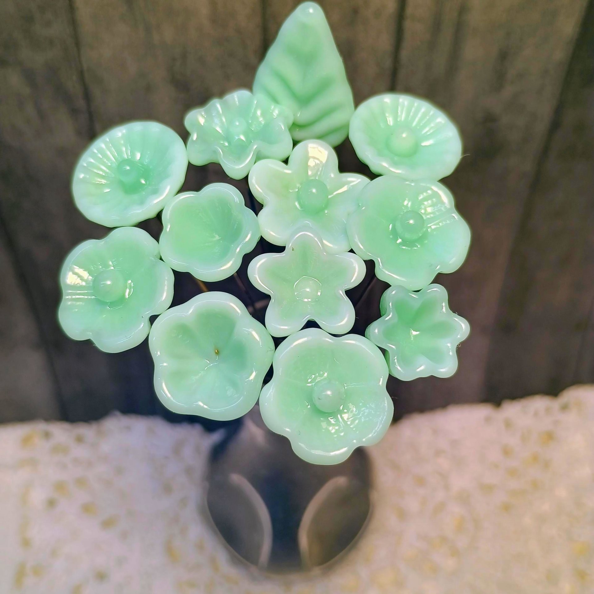 Jadeite Green Glass Flower Bouquet; set/12 tiny small mini glass flowers; handcrafted lampwork flowers vintage on 5inch stainless steel wire