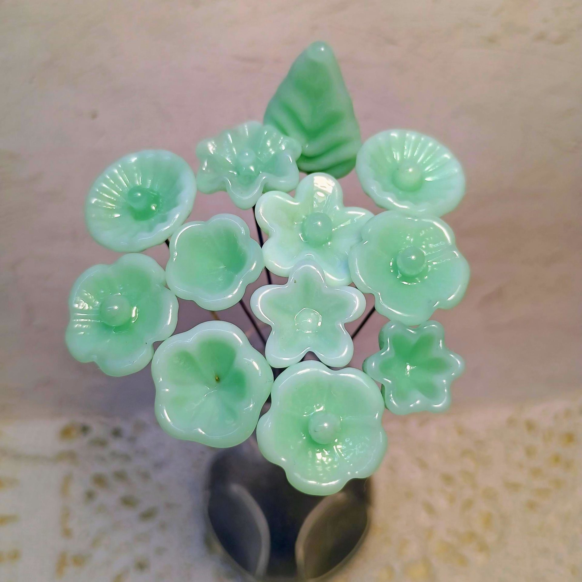 Jadeite Green Glass Flower Bouquet; set/12 tiny small mini glass flowers; handcrafted lampwork flowers vintage on 5inch stainless steel wire