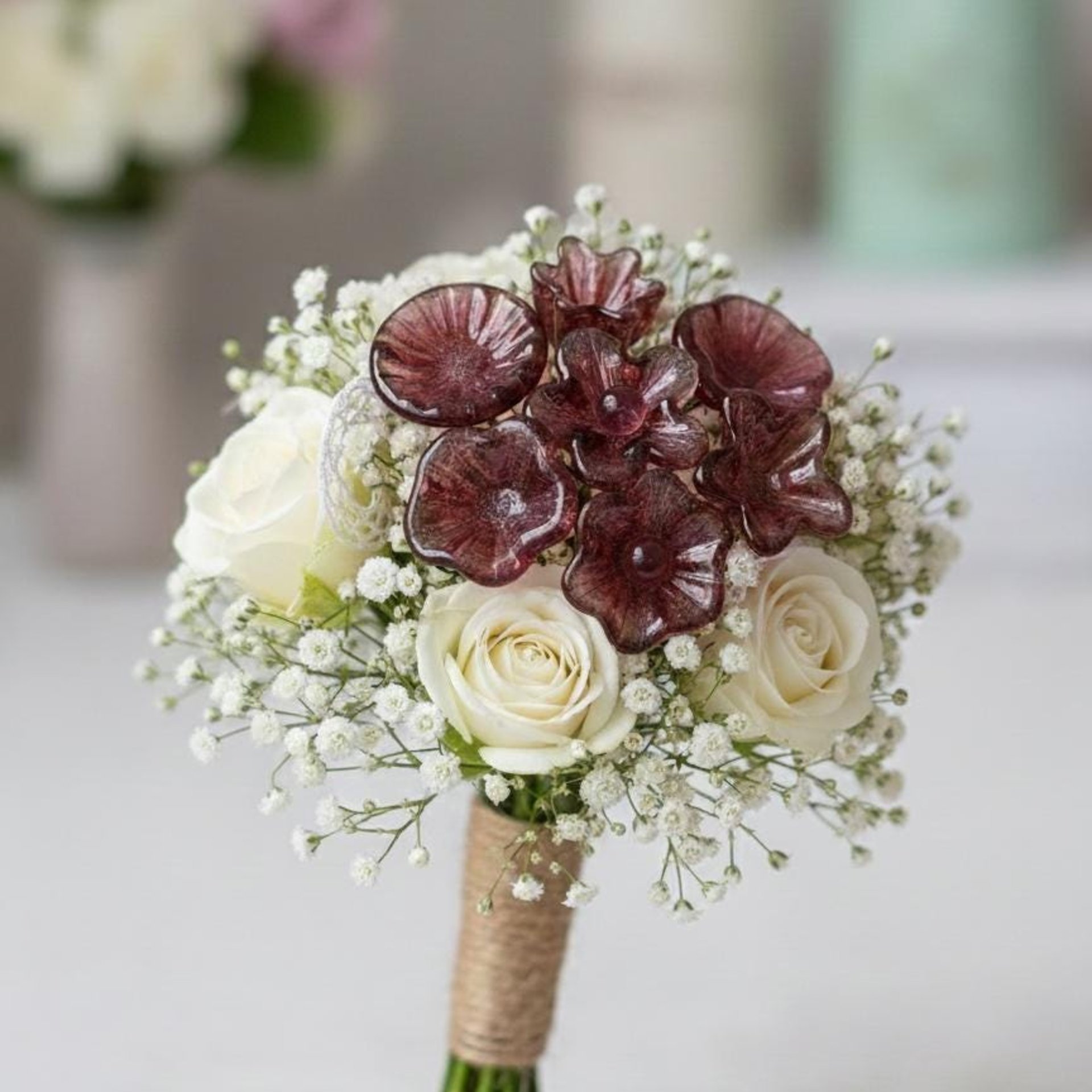 Variegated Cranberry glass flower on wire headpins; tiny small mini glass flowers  handmade lampwork, jewelry, bouquets, gifts, mixed media
