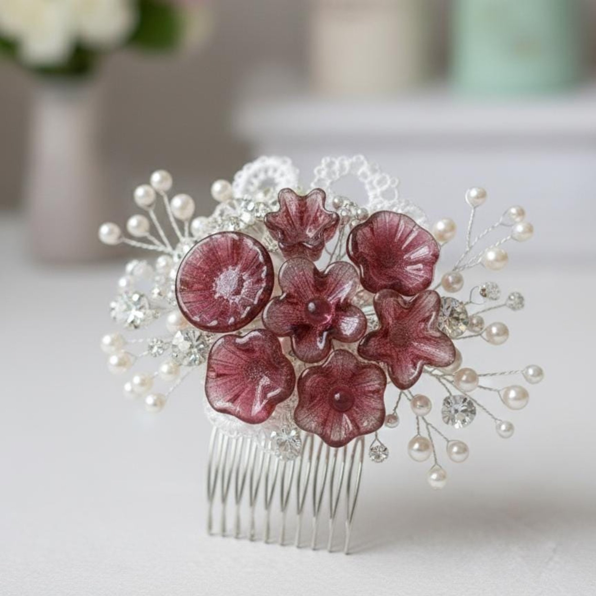 Variegated Cranberry glass flower on wire headpins; tiny small mini glass flowers  handmade lampwork, jewelry, bouquets, gifts, mixed media