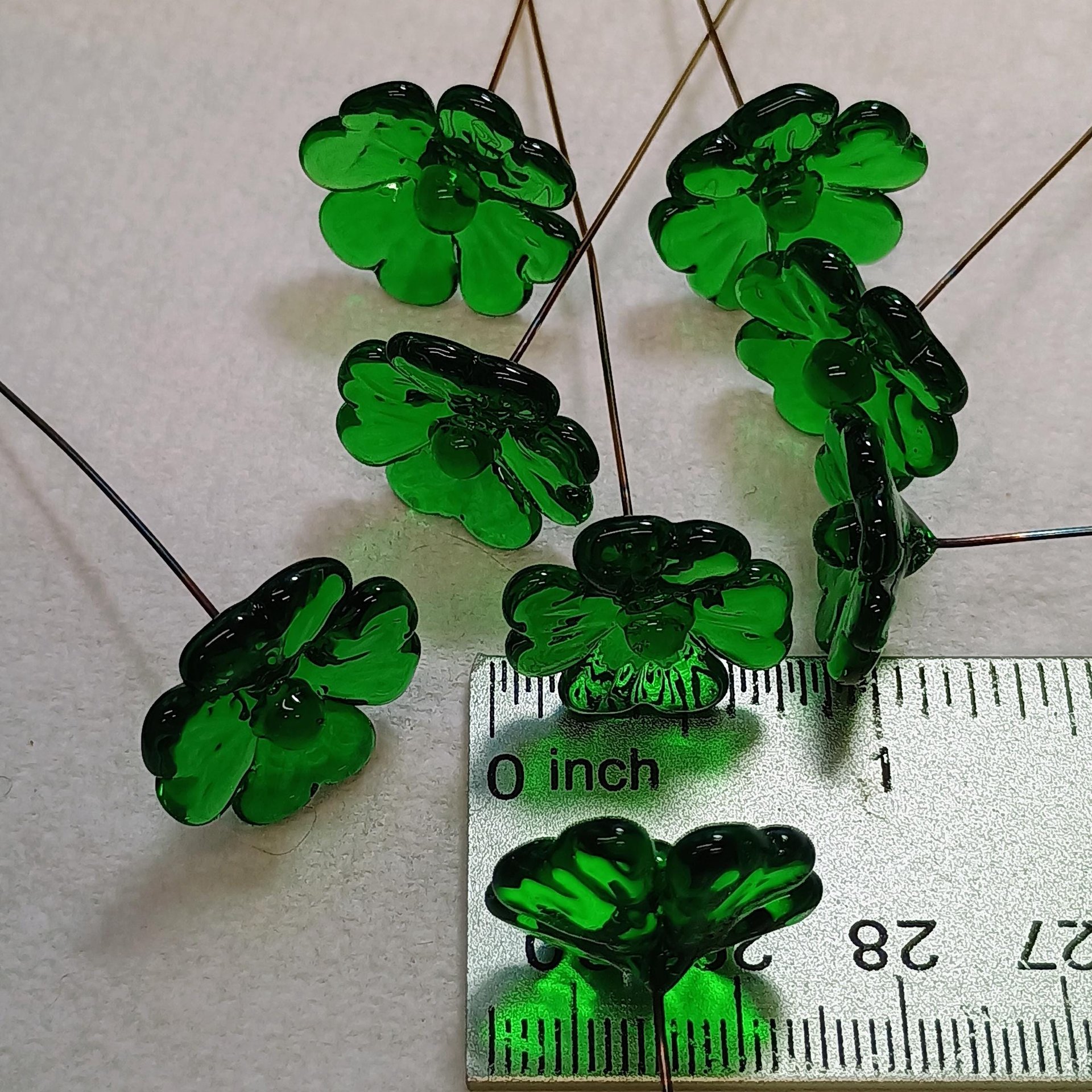Glass 4 leaf Clover Shamrock, Luck of the Irish, kelly green handblown lampwork plant pick on 5in wire. bouquet, Irish gift, approx 3/4inch