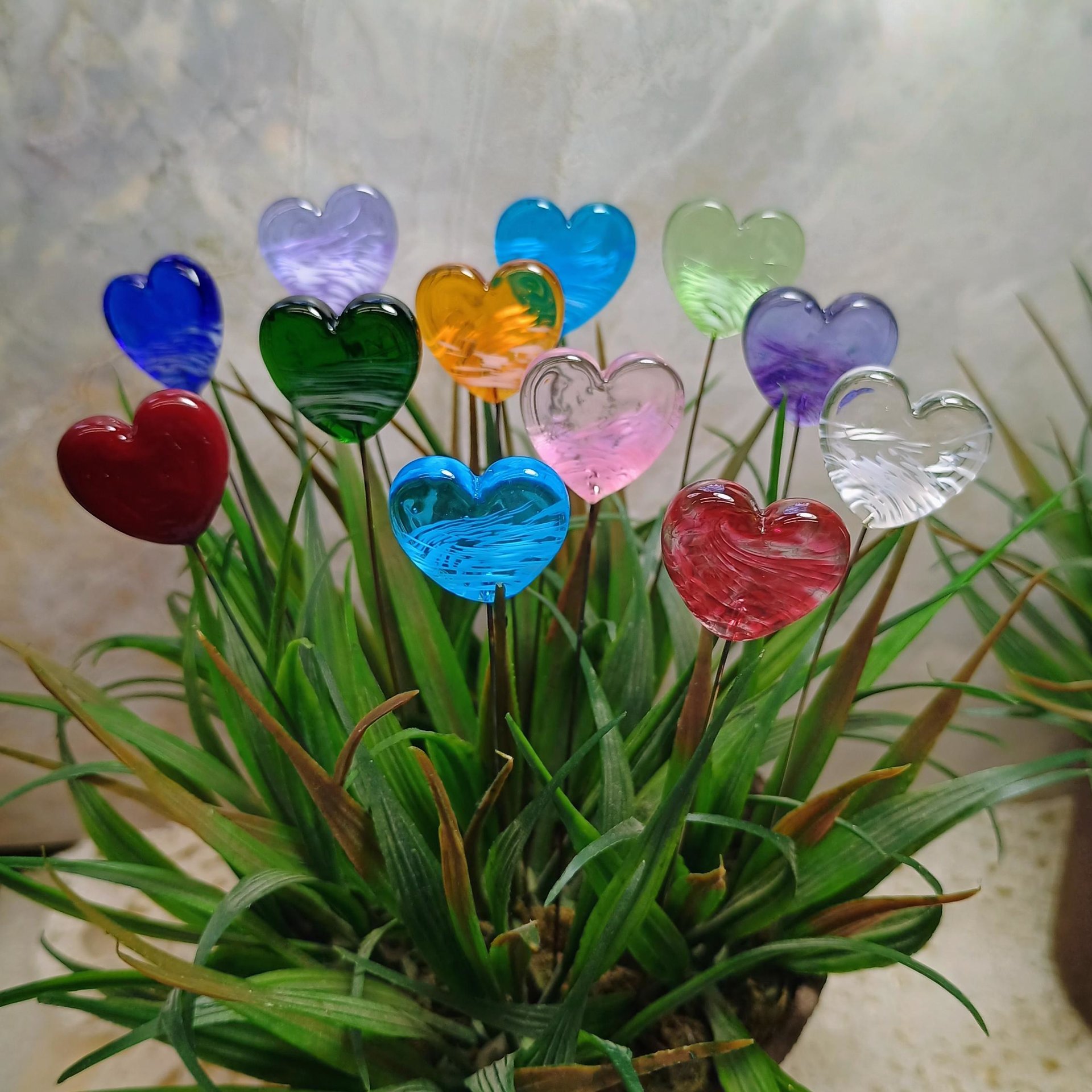 Birthstone Glass Heart Plant Pick for small floral bouquet, 3/4"x5in wire; handcrafted lampwork, gift, curio, windowsill, small vase