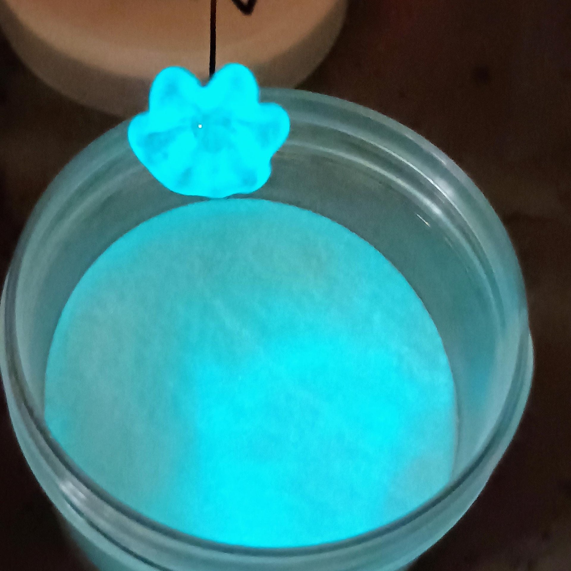 New! SOFT AQUA GLOW uv reactive glass flowers; miniature tiny small glass flowers on wire; handcrafted lampwork; bright aqua glow in 395nm