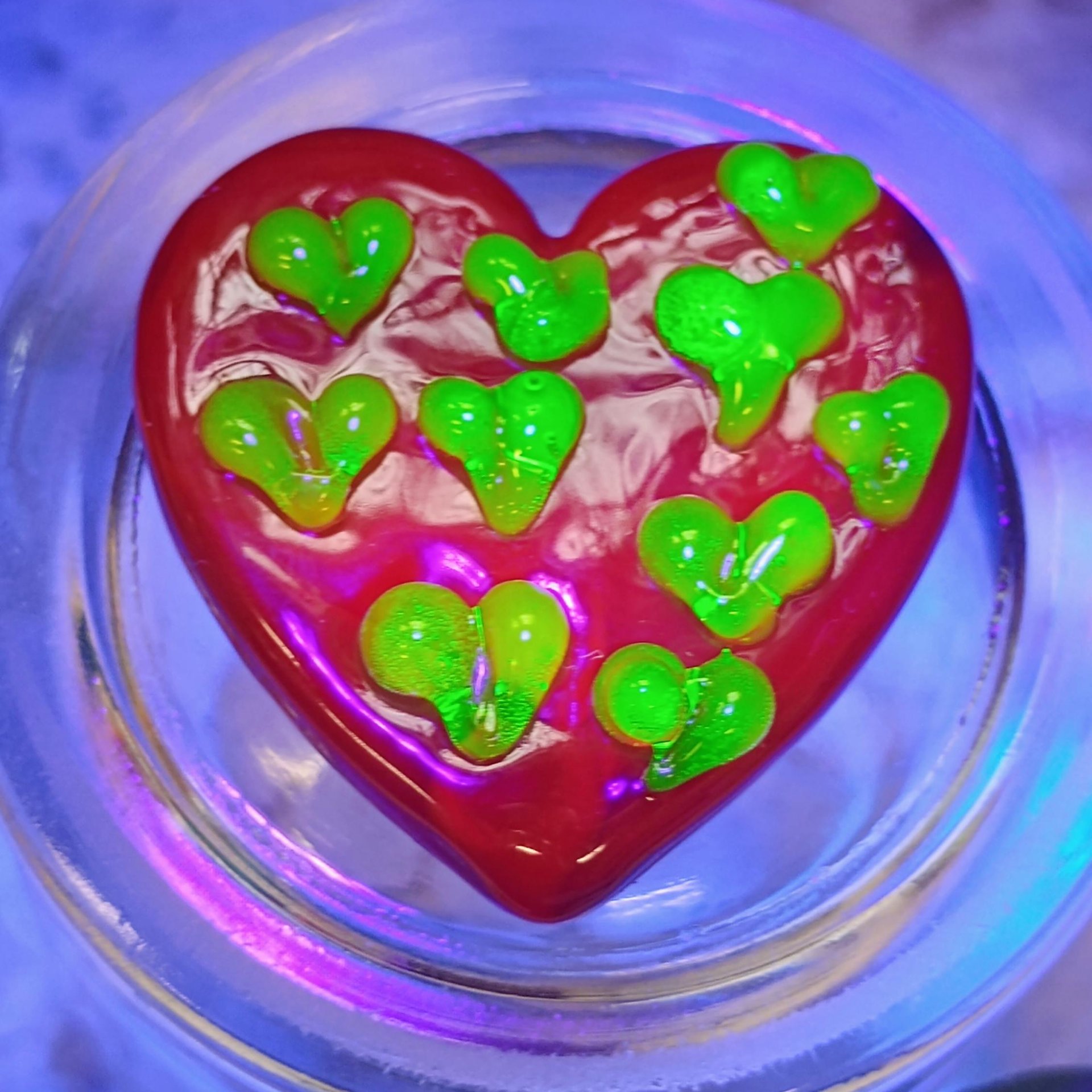 Red Glass + Uranium Vaseline Hearts; Hidden small uranium hearts with bubbles appear in UV light,  LG Heart 1.25" (30mm) Valentine's Love