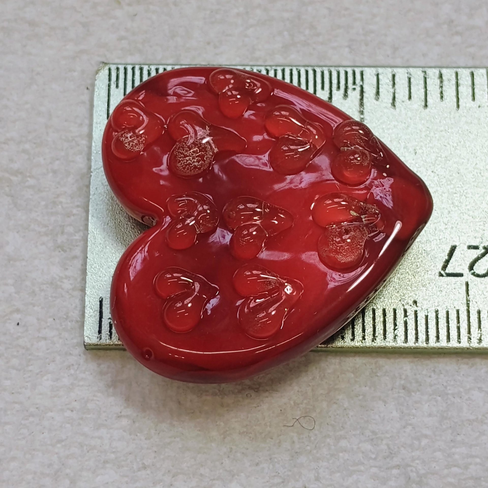 Red Glass + Uranium Vaseline Hearts; Hidden small uranium hearts with bubbles appear in UV light,  LG Heart 1.25" (30mm) Valentine's Love