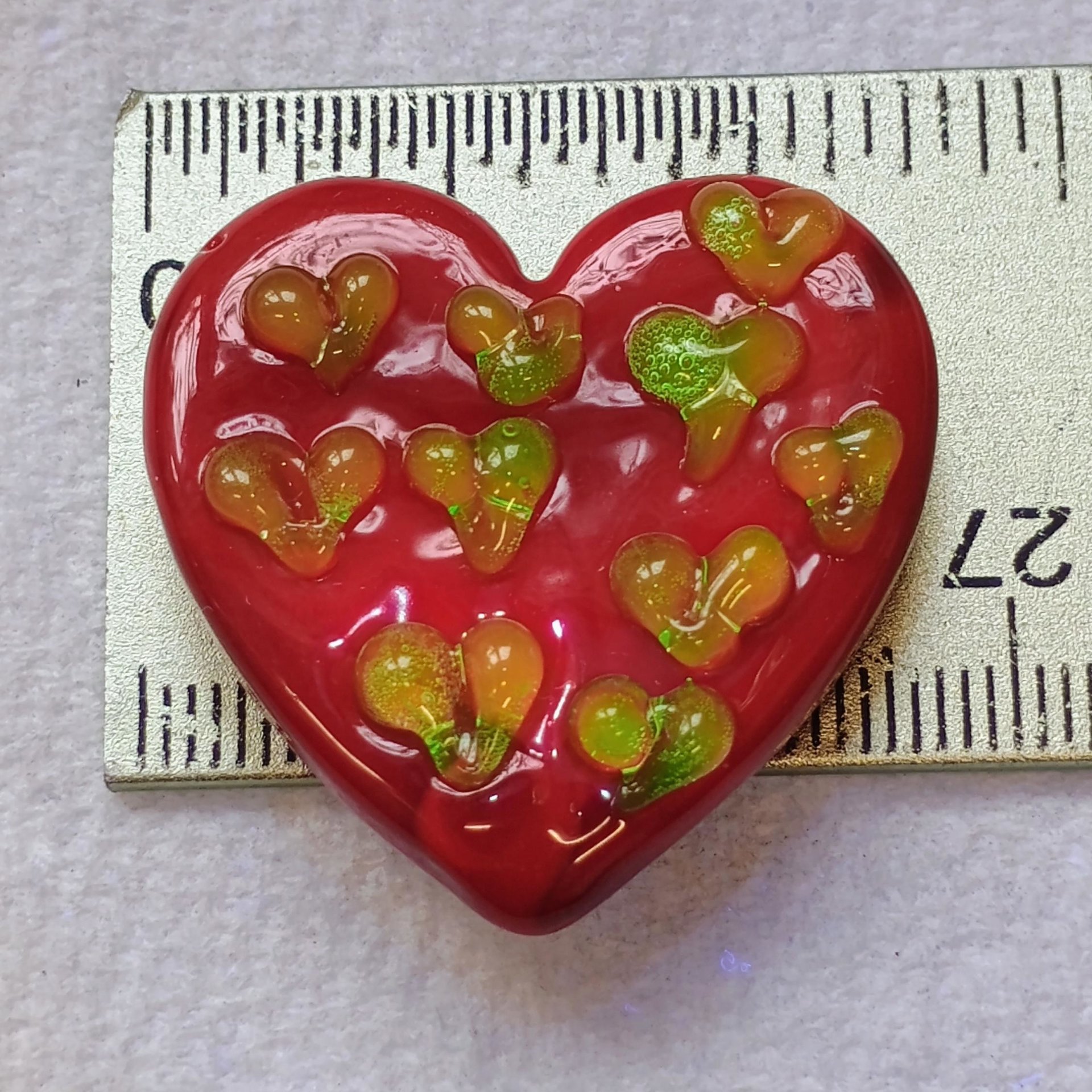 Red Glass + Uranium Vaseline Hearts; Hidden small uranium hearts with bubbles appear in UV light,  LG Heart 1.25" (30mm) Valentine's Love
