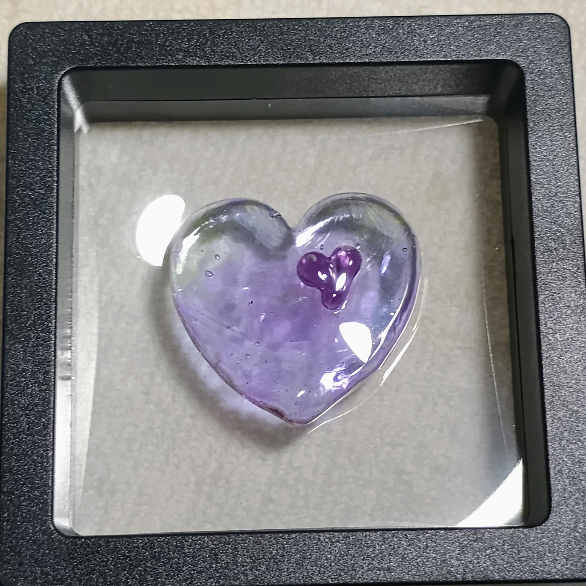 Wispy Uranium Lavender Heart UV Glow! Uranium Large Heart 1.25" (30mm) lavender with uranium swirls; pocket heart, perfect Valentine's gift