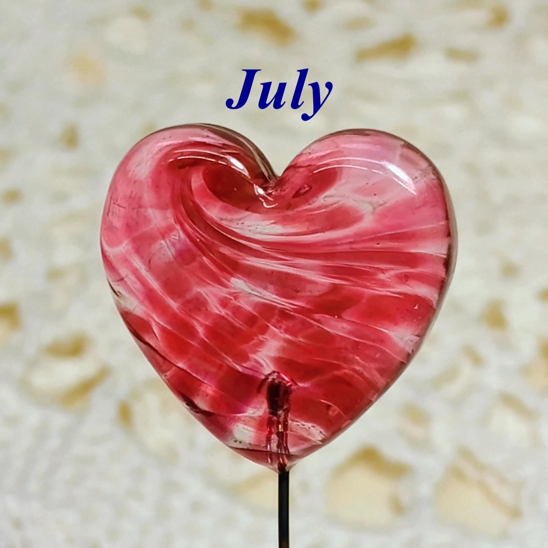 Birthstone Glass Heart Plant Pick for small floral bouquet, 3/4"x5in wire; handcrafted lampwork, gift, curio, windowsill, small vase