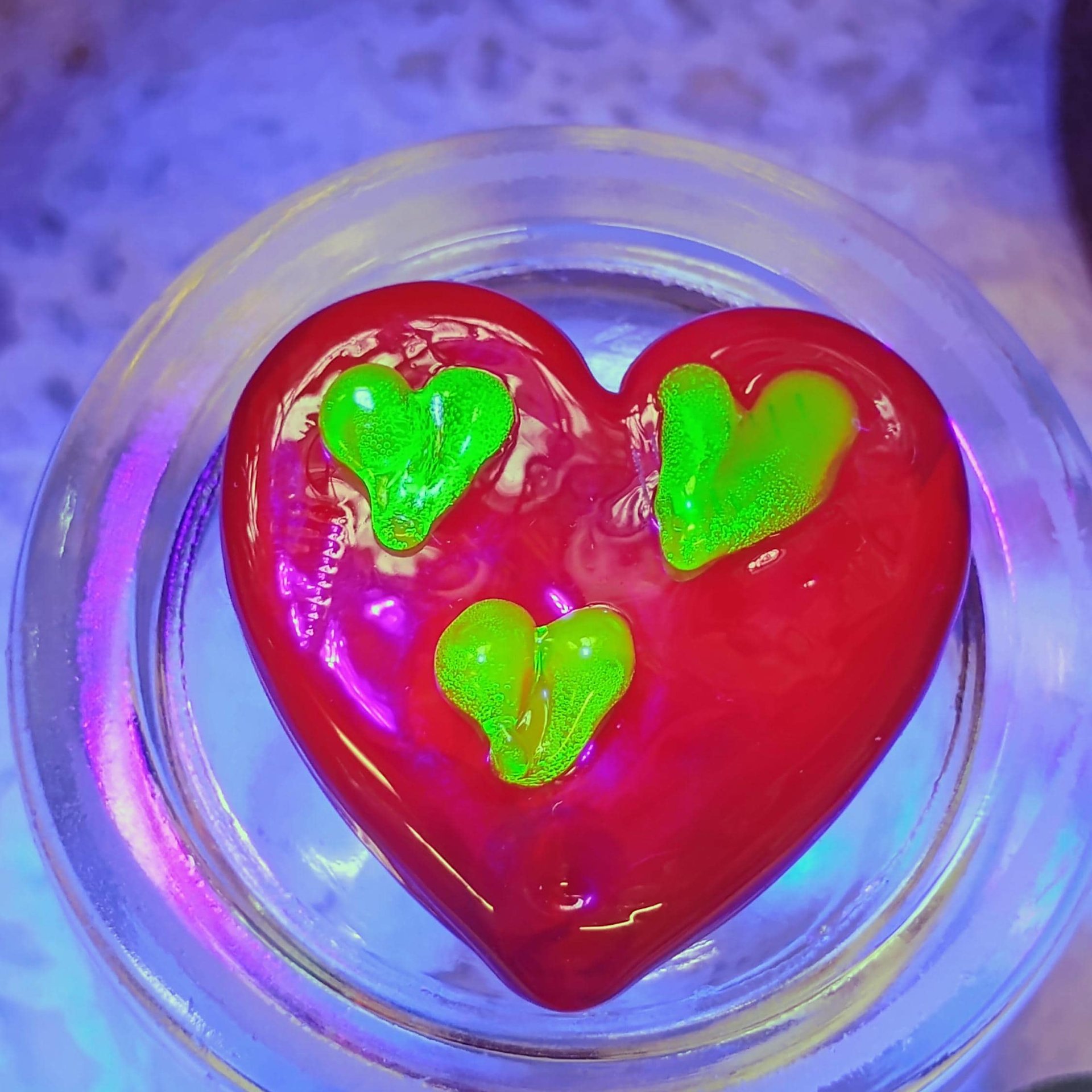 Red Glass + Uranium Vaseline Hearts; Hidden small uranium hearts with bubbles appear in UV light,  LG Heart 1.25" (30mm) Valentine's Love