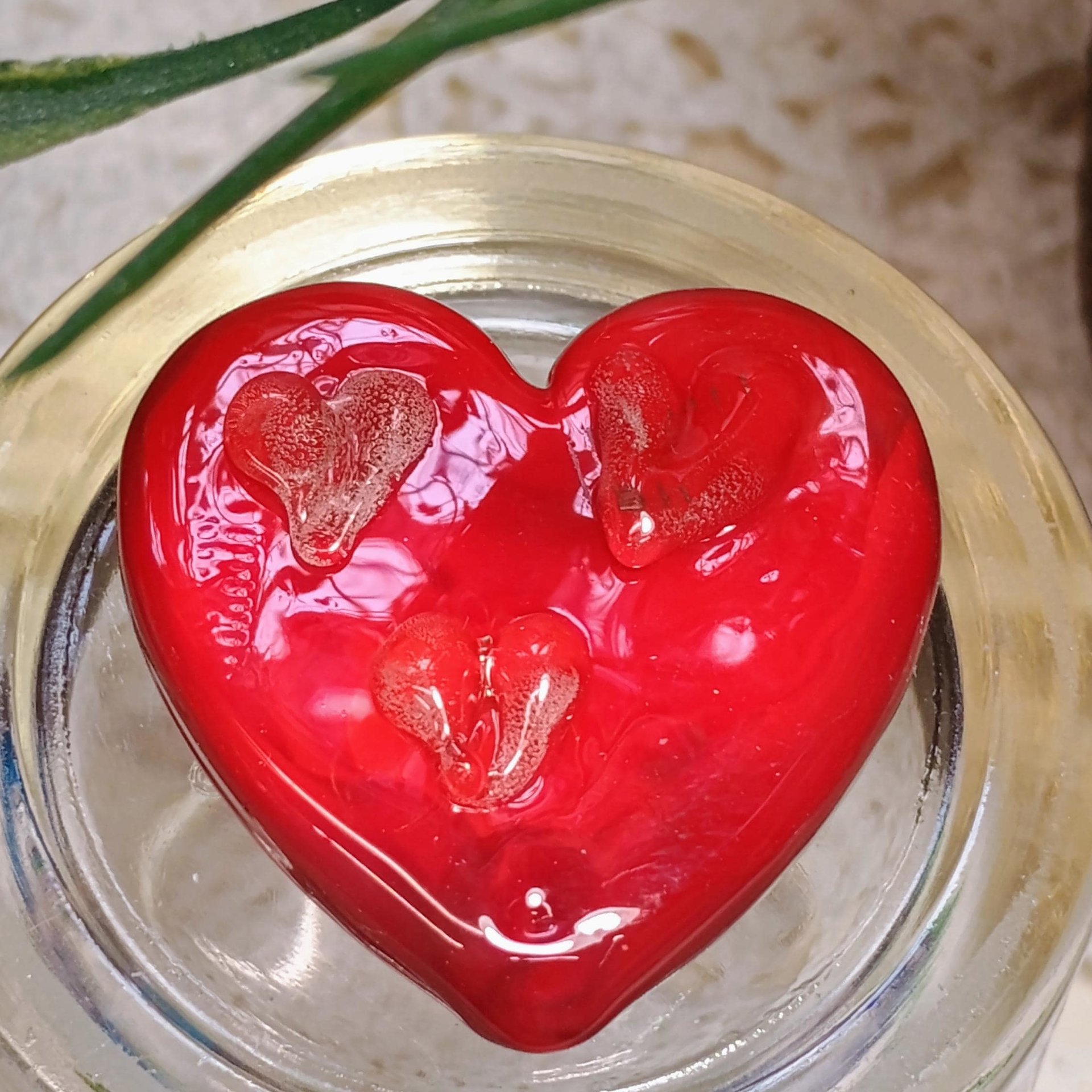 Red Glass + Uranium Vaseline Hearts; Hidden small uranium hearts with bubbles appear in UV light,  LG Heart 1.25" (30mm) Valentine's Love